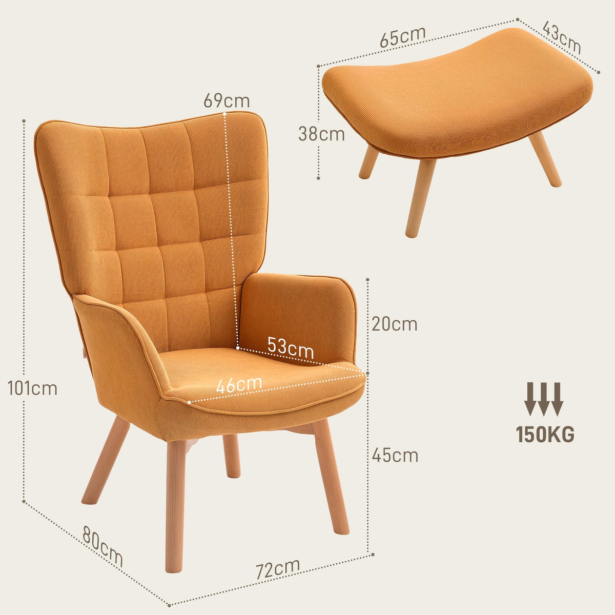 Armchair with Stool, High Back Wing Chair, Wooden Legs, Tufted Design Corduroy Look Lounge Chair for Living Room, Brown