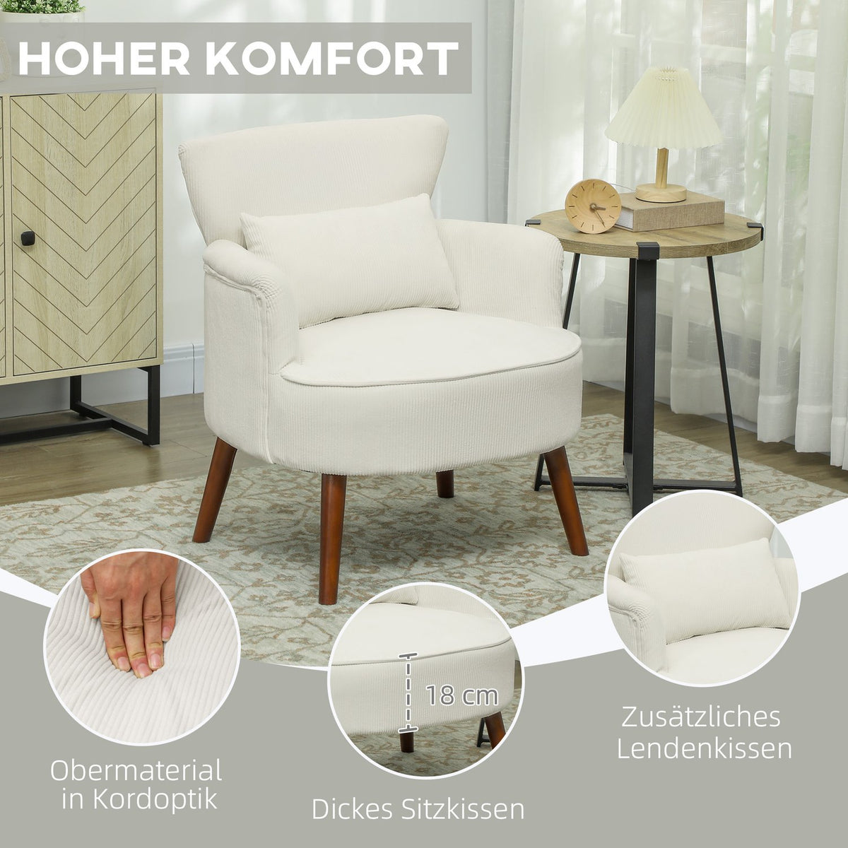 Armchair with backrest, rounded armrests, upholstered lounge chair with cord look, wooden legs, for bedroom, living room, up to 120 kg, cream white