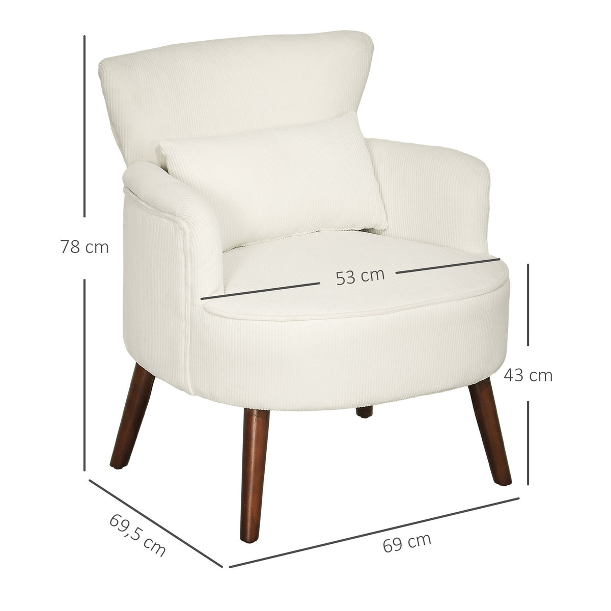 Armchair with backrest, rounded armrests, upholstered lounge chair with cord look, wooden legs, for bedroom, living room, up to 120 kg, cream white