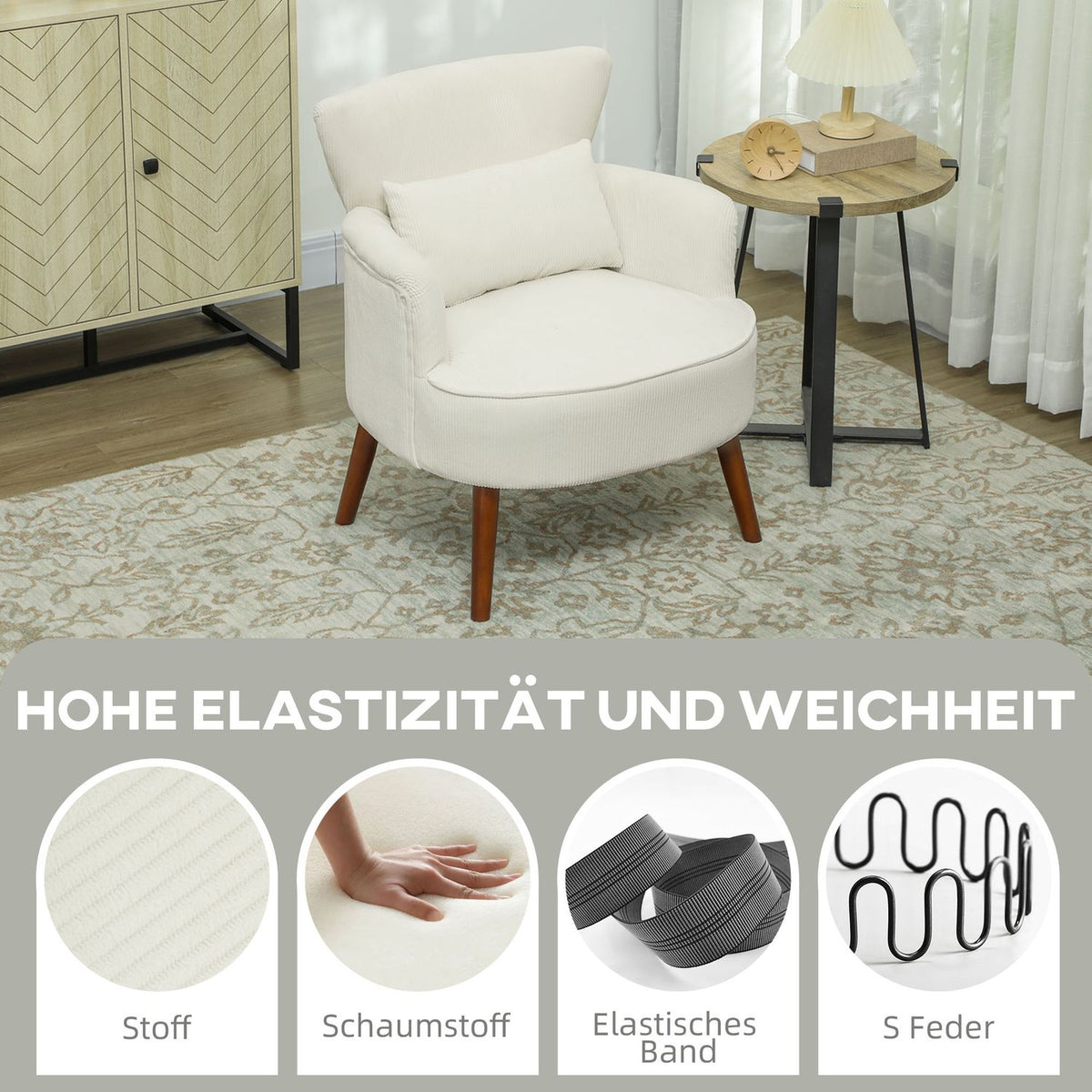 Armchair with backrest, rounded armrests, upholstered lounge chair with cord look, wooden legs, for bedroom, living room, up to 120 kg, cream white