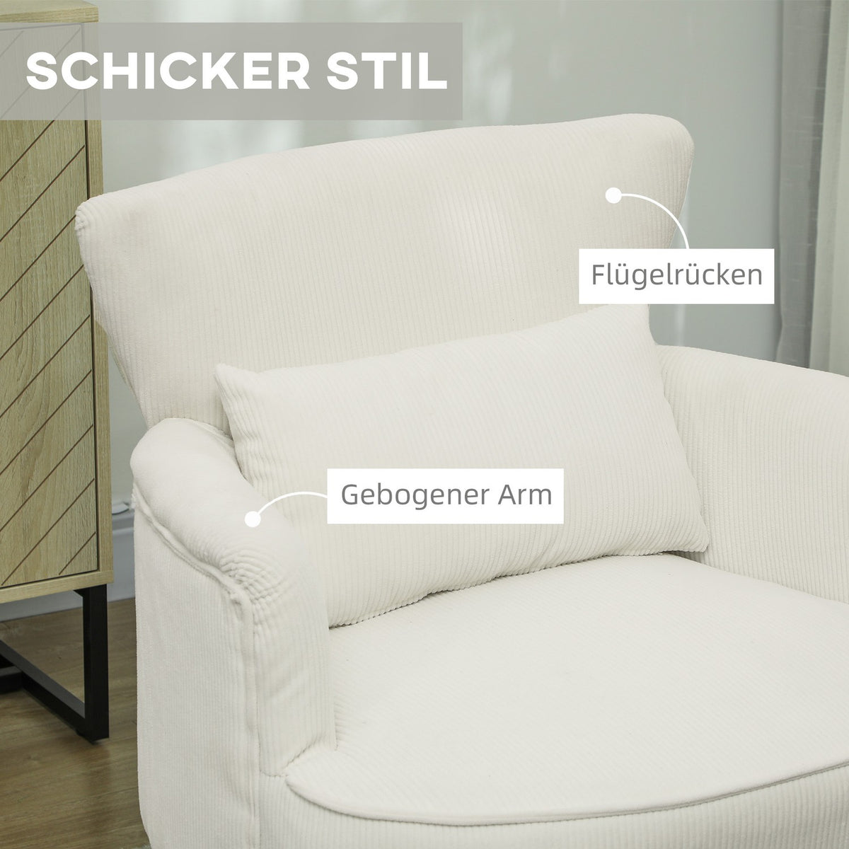 Armchair with backrest, rounded armrests, upholstered lounge chair with cord look, wooden legs, for bedroom, living room, up to 120 kg, cream white