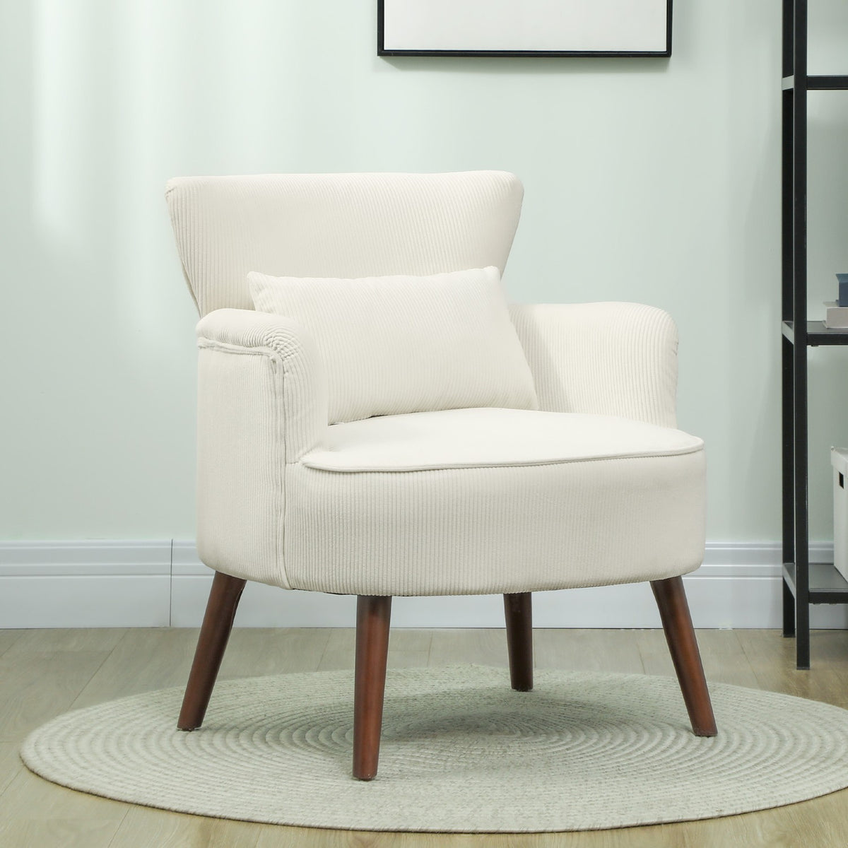 Armchair with backrest, rounded armrests, upholstered lounge chair with cord look, wooden legs, for bedroom, living room, up to 120 kg, cream white