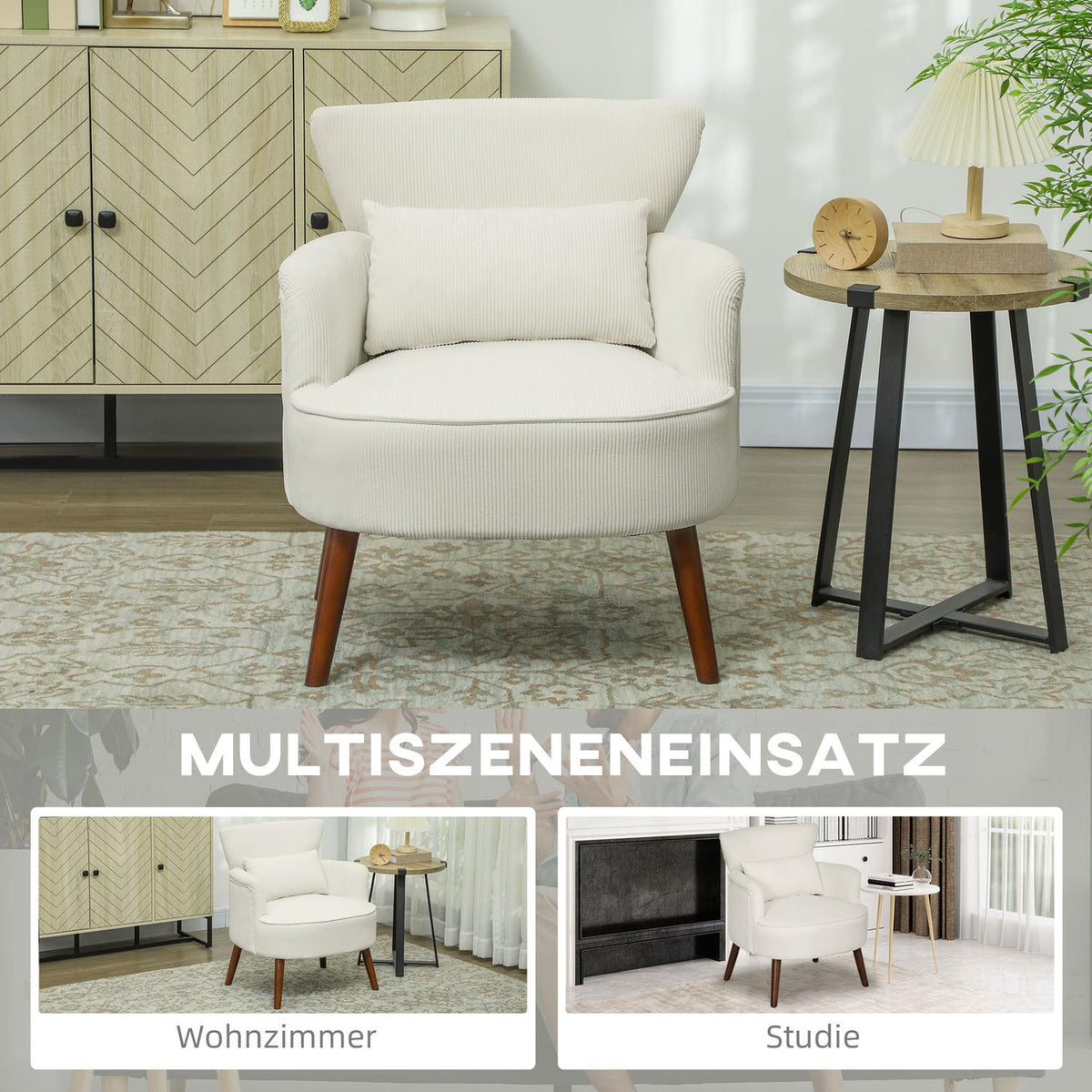 Armchair with backrest, rounded armrests, upholstered lounge chair with cord look, wooden legs, for bedroom, living room, up to 120 kg, cream white
