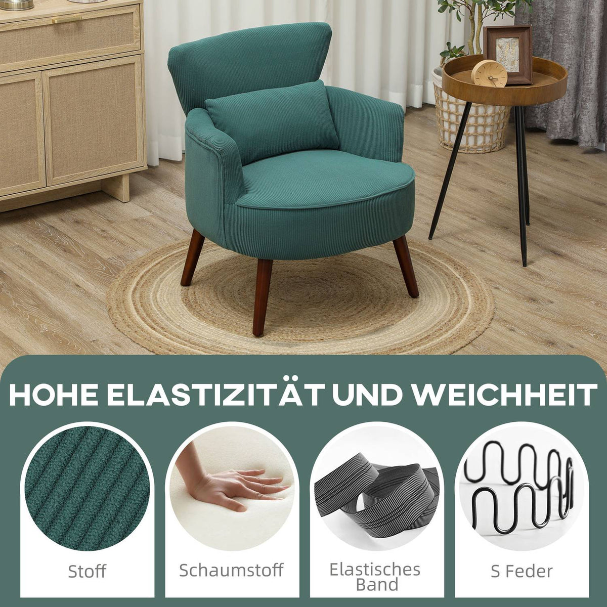 Armchair with backrest, rounded armrests, upholstered lounge chair with cord look, wooden legs, for bedroom, living room, up to 120 kg, dark green