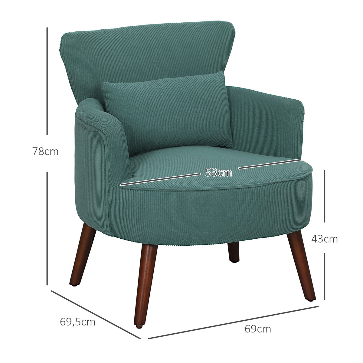 Armchair with backrest, rounded armrests, upholstered lounge chair with cord look, wooden legs, for bedroom, living room, up to 120 kg, dark green