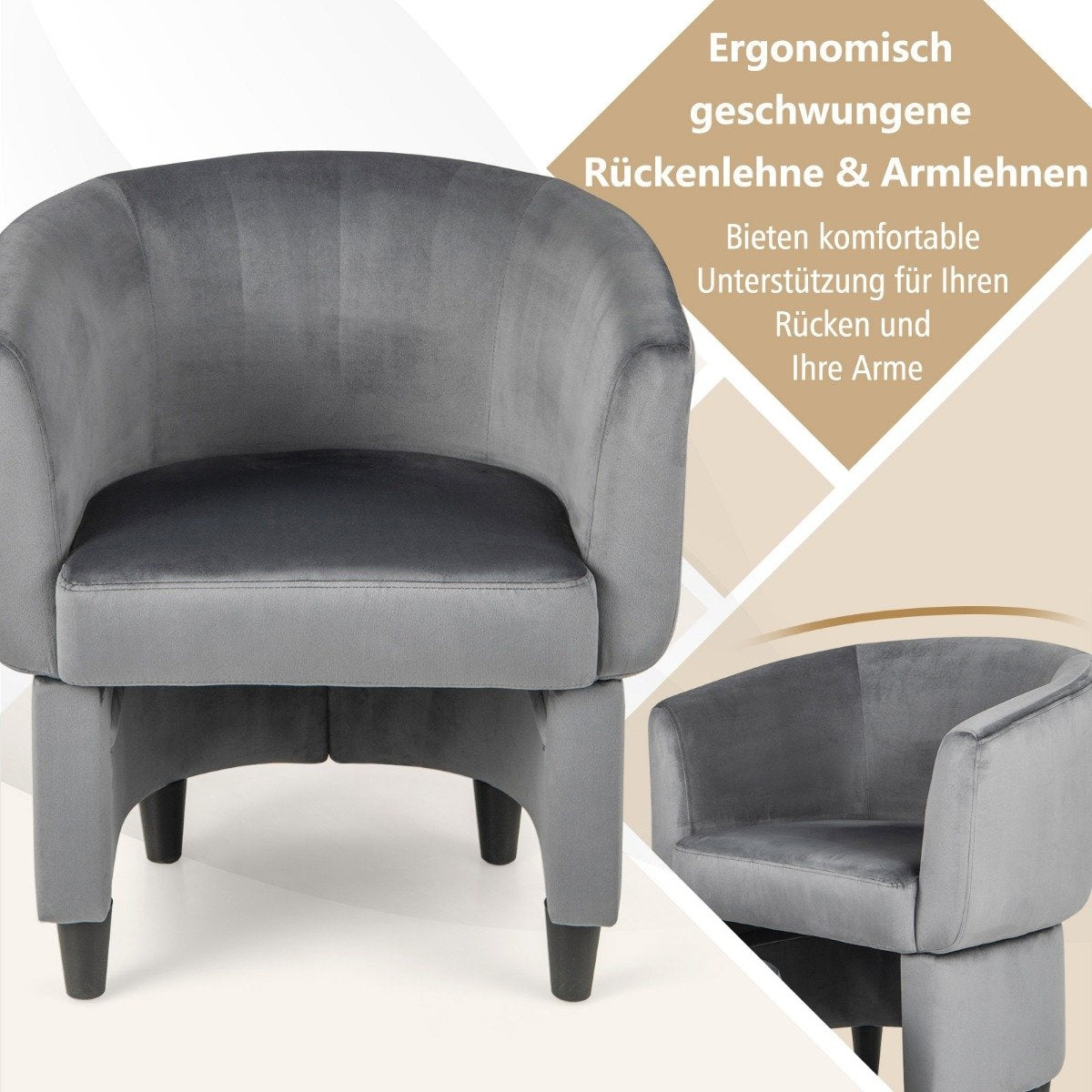 Armchair with footstool, upholstered velvet armchair, club chair, solid wood, grey