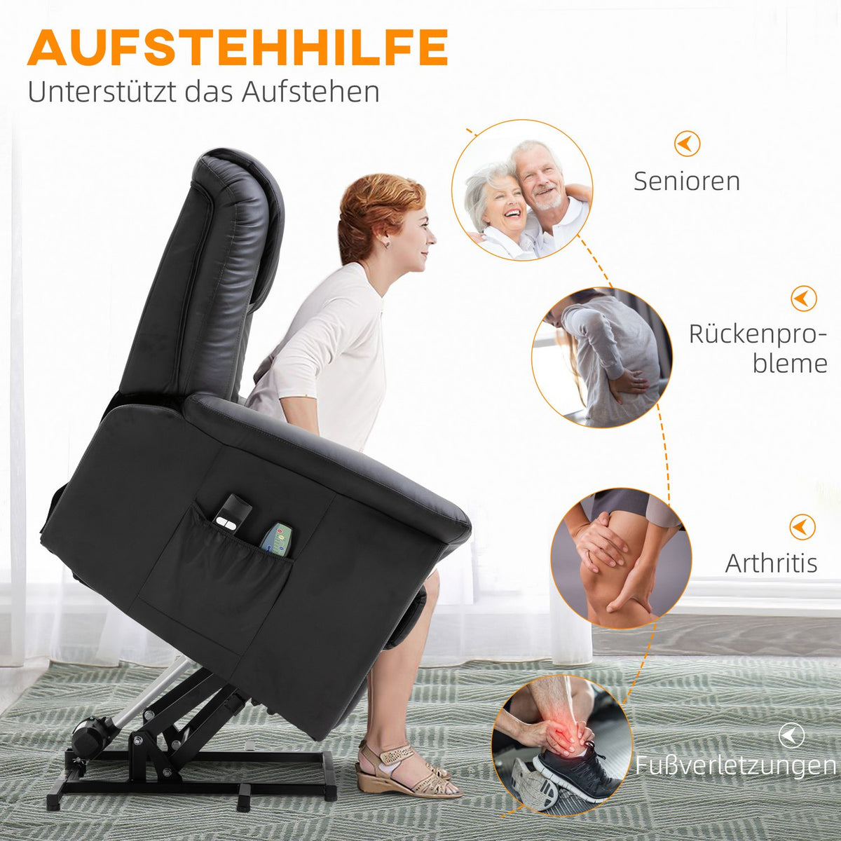 Armchair with stand-up aid, adjustable relaxation armchair, electric massage armchair with heating function, TV armchair with remote control