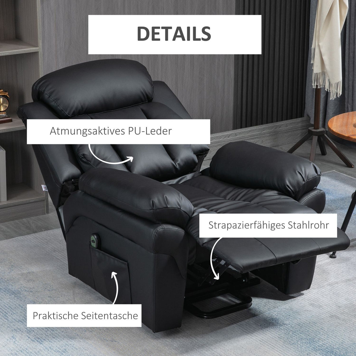 Armchair with stand-up aid, electric recliner, reclining TV armchair with remote control, TV armchair, faux leather, black