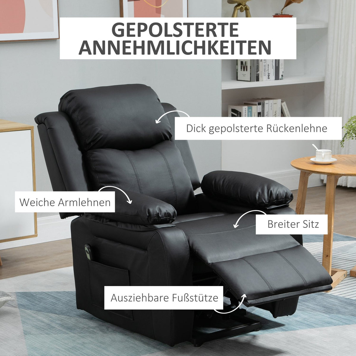Armchair with stand-up aid, electric recliner, reclining TV armchair with remote control, TV armchair, faux leather, black