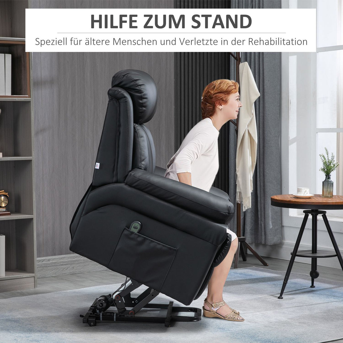 Armchair with stand-up aid, electric recliner, reclining TV armchair with remote control, TV armchair, faux leather, black