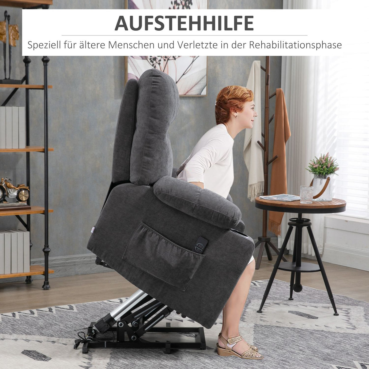 Armchair with stand-up aid, electric recliner with massage function, TV armchair with heating function, with flannel look, dark gray