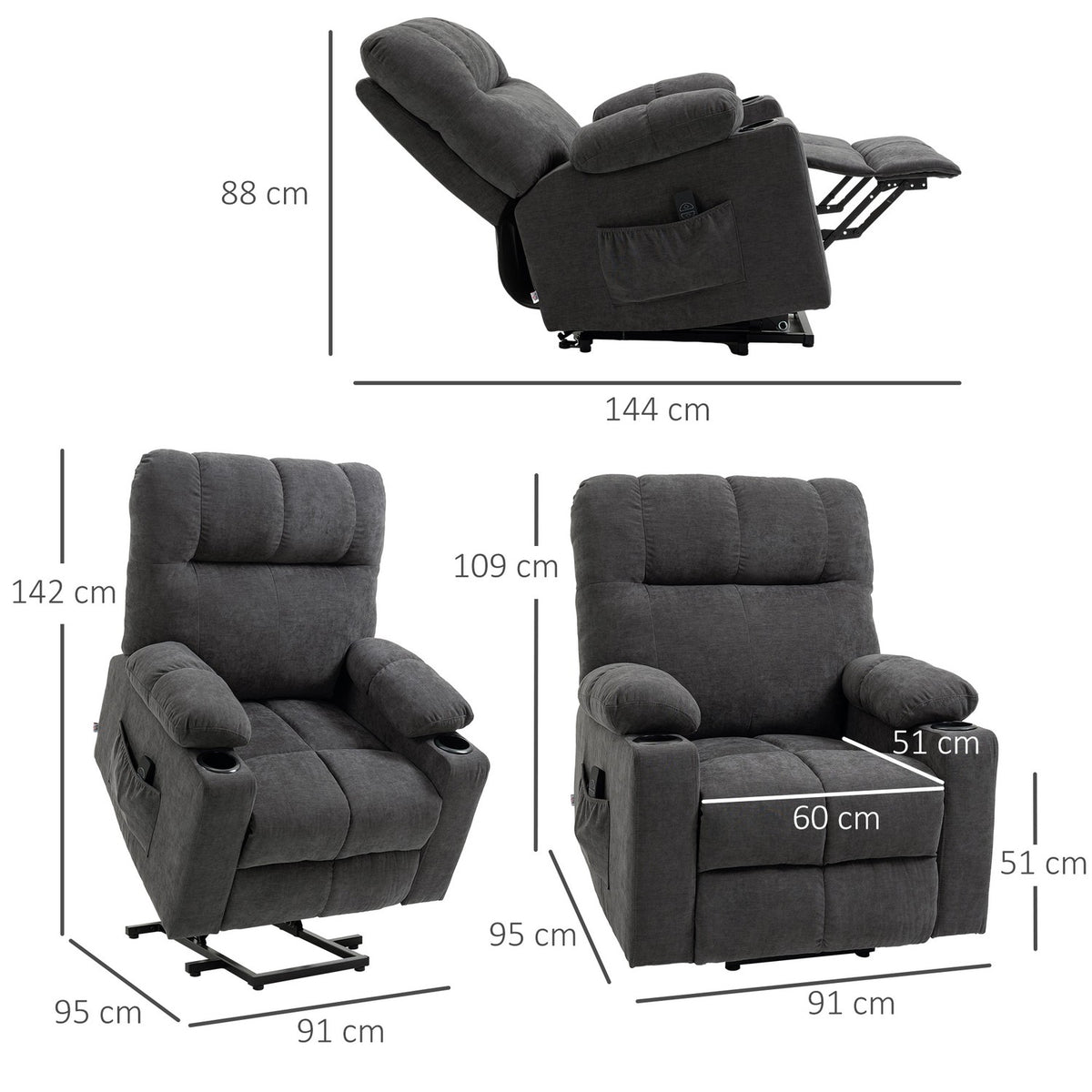 Armchair with stand-up aid, electric recliner with massage function, TV armchair with heating function, with flannel look, dark gray