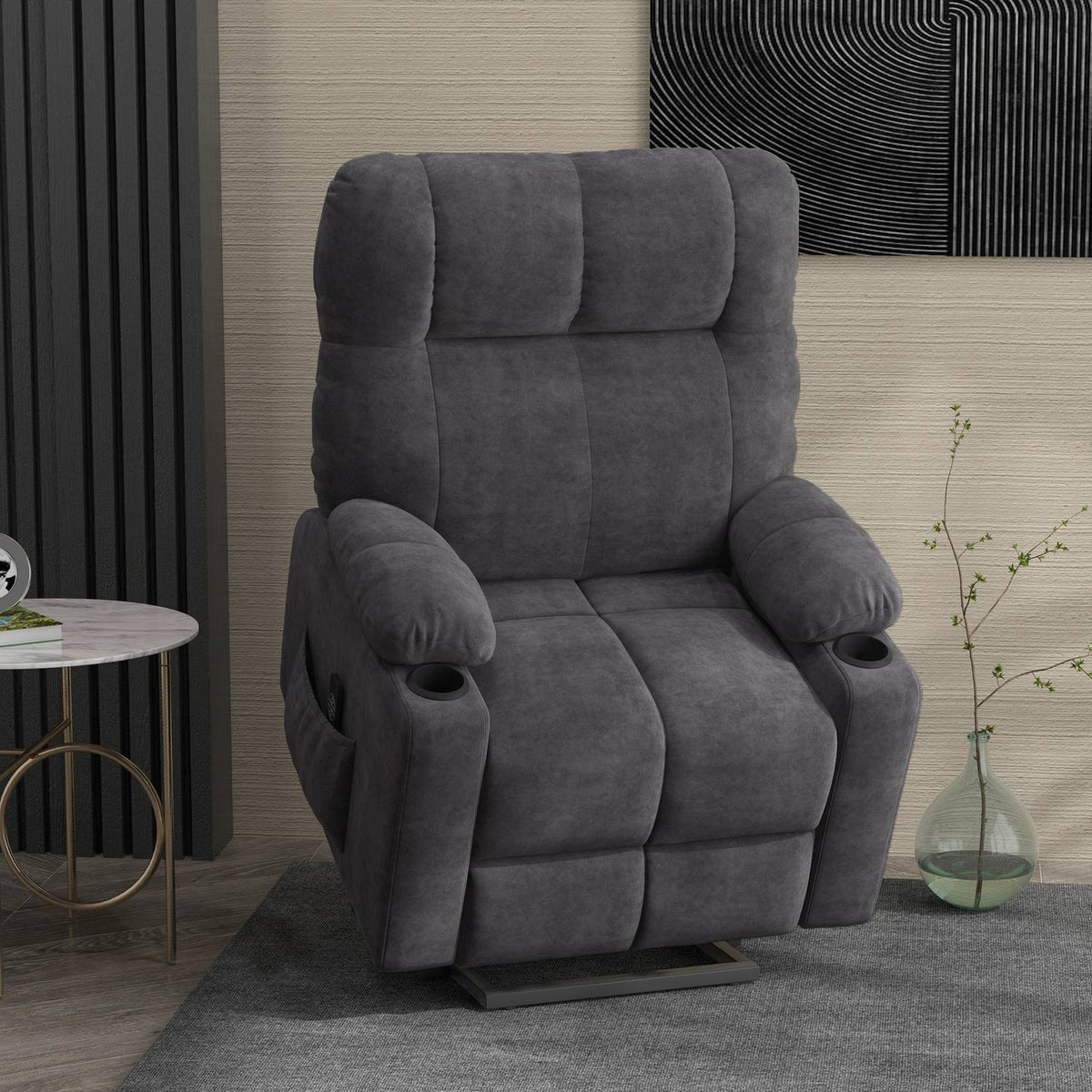 Armchair with stand-up aid, electric recliner with massage function, TV armchair with heating function, with flannel look, dark gray