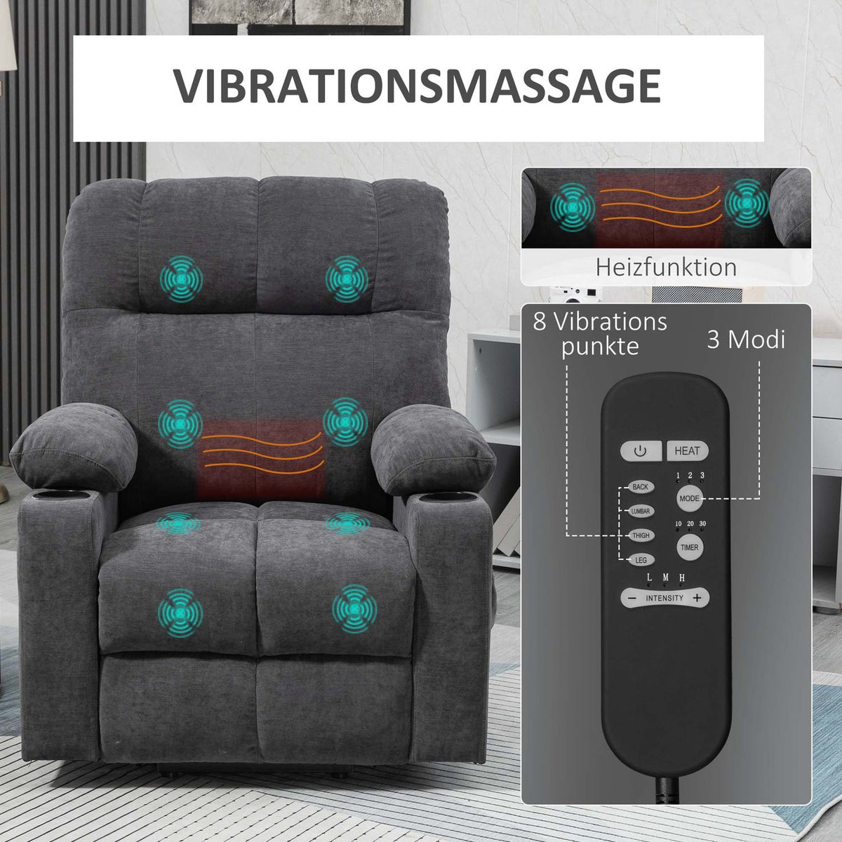 Armchair with stand-up aid, electric recliner with massage function, TV armchair with heating function, with flannel look, dark gray