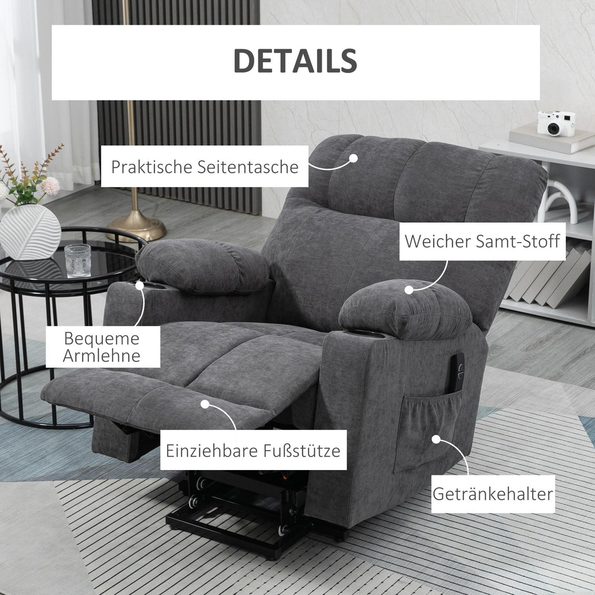 Armchair with stand-up aid, electric recliner with massage function, TV armchair with heating function, with flannel look, dark gray