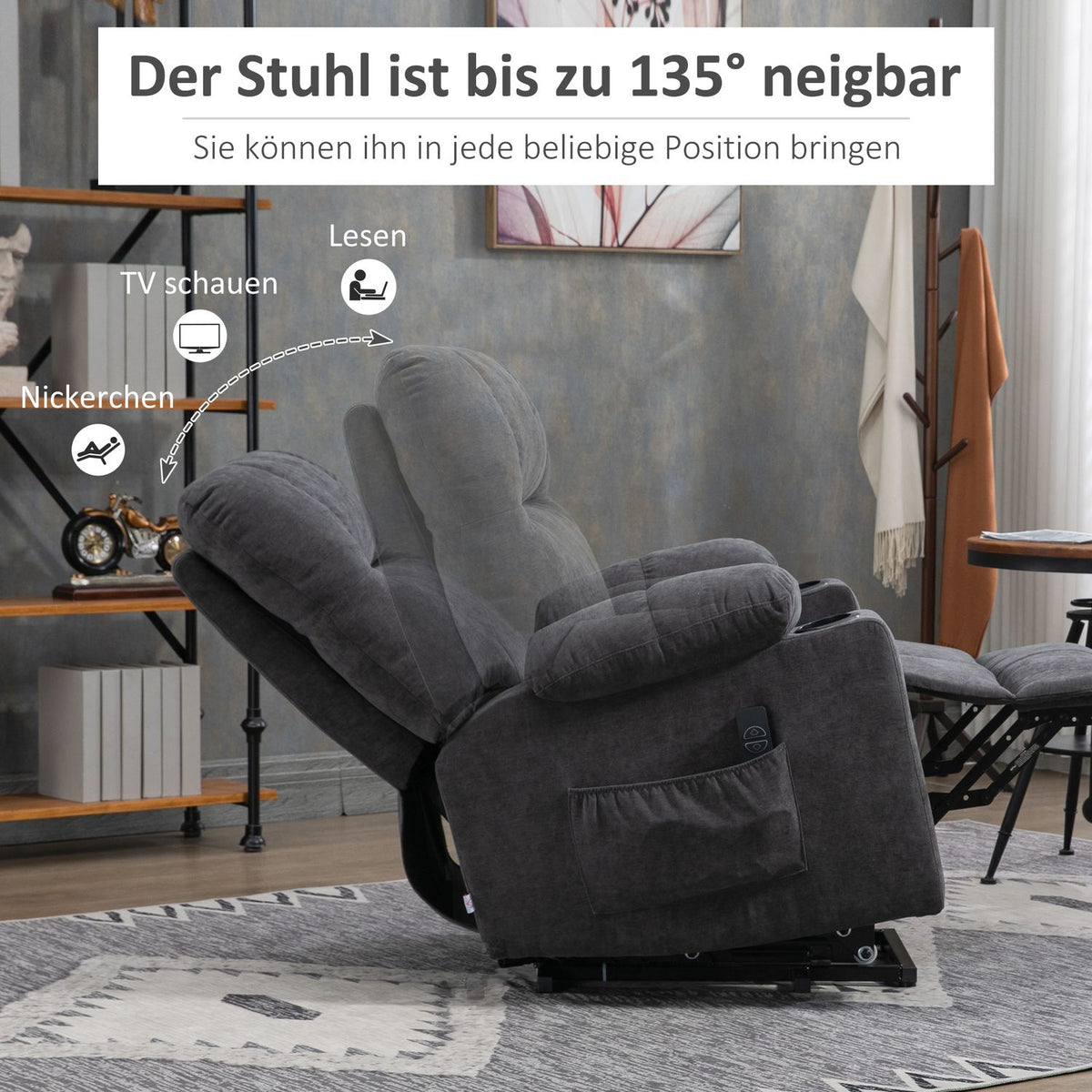 Armchair with stand-up aid, electric recliner with massage function, TV armchair with heating function, with flannel look, dark gray