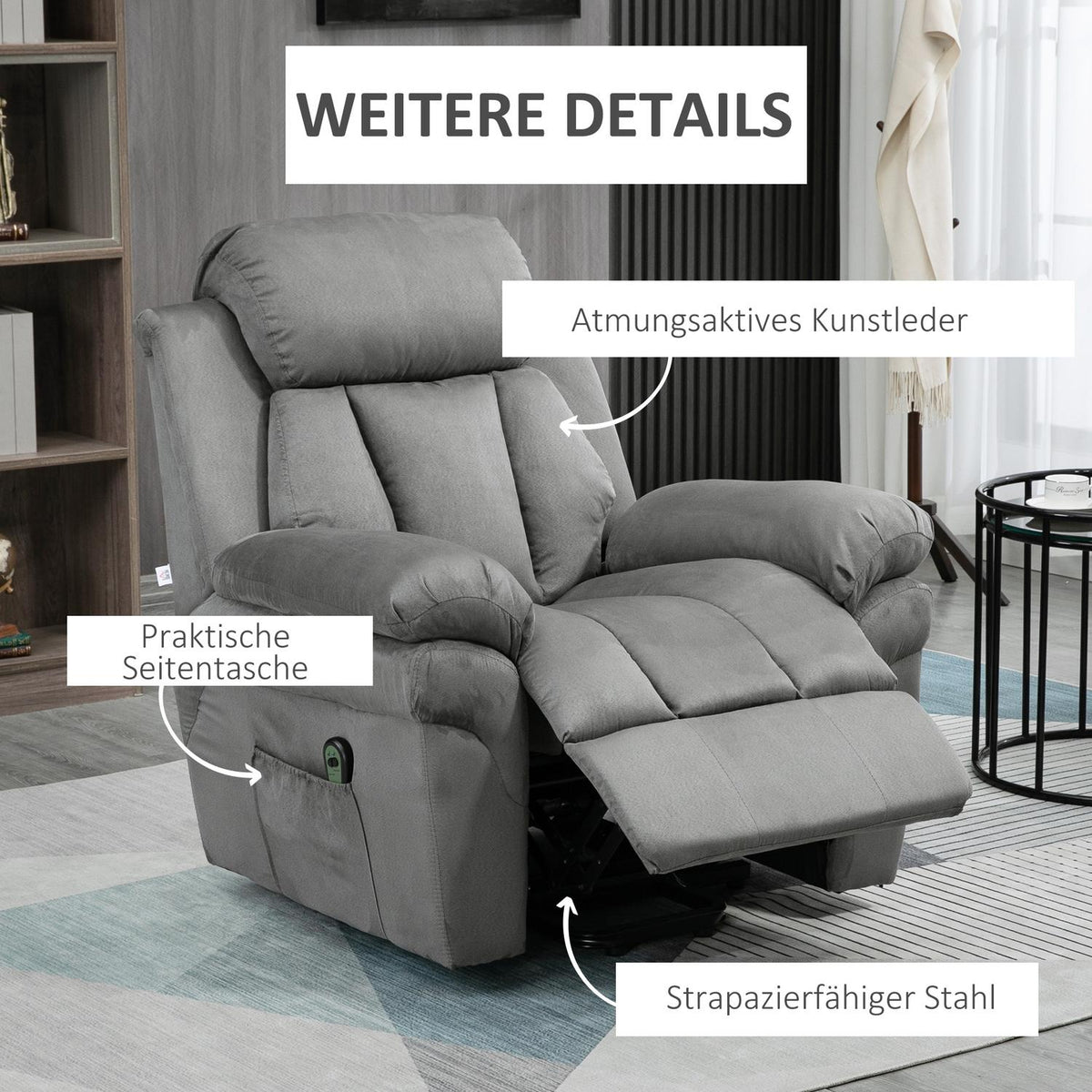 Armchair with stand-up aid, electric relaxation armchair, tilting TV armchair, television armchair, cinema armchair, faux leather, light grey