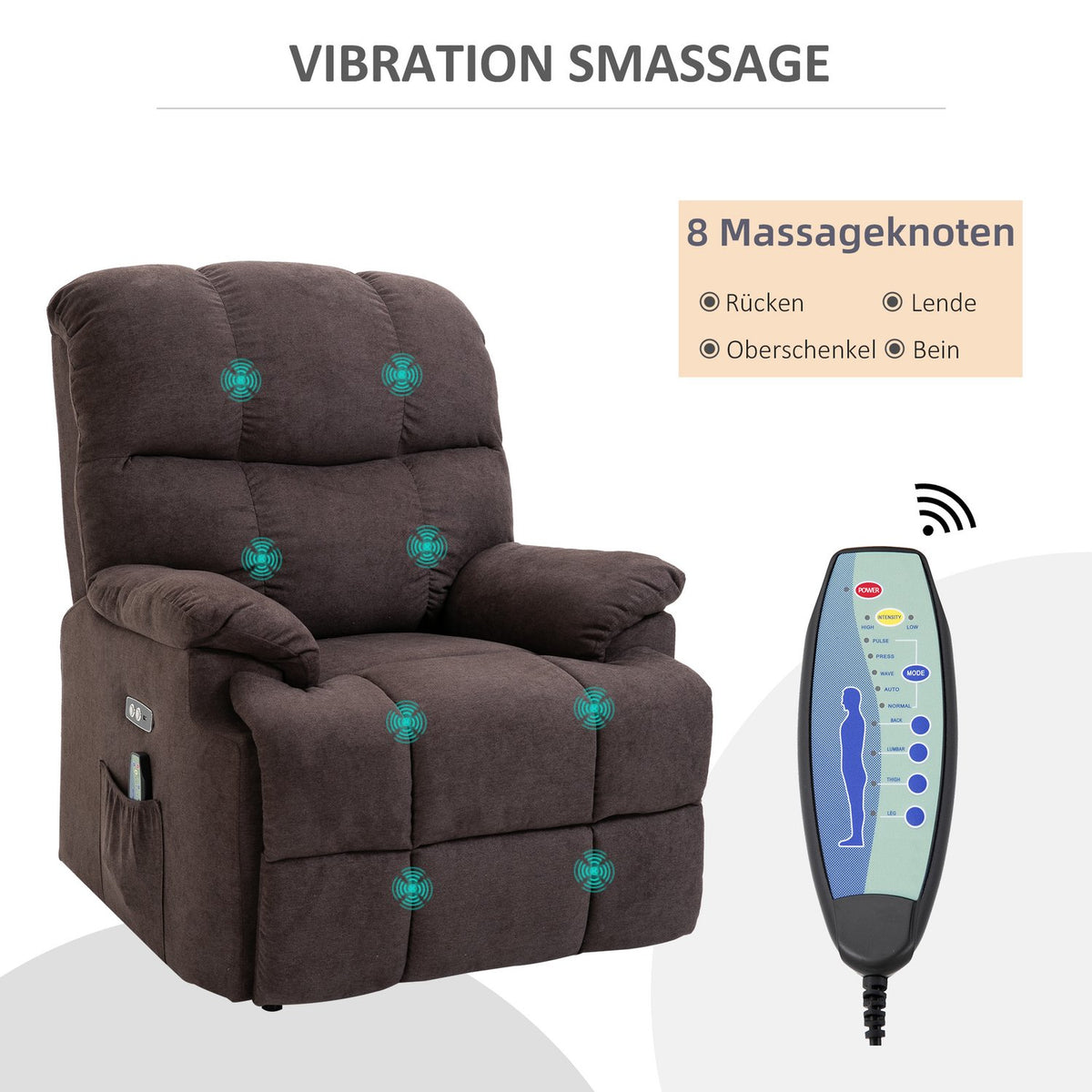 Armchair with stand-up aid, massage chair, relaxation chair with USB port, remote control, side pocket, velvet look, dark brown