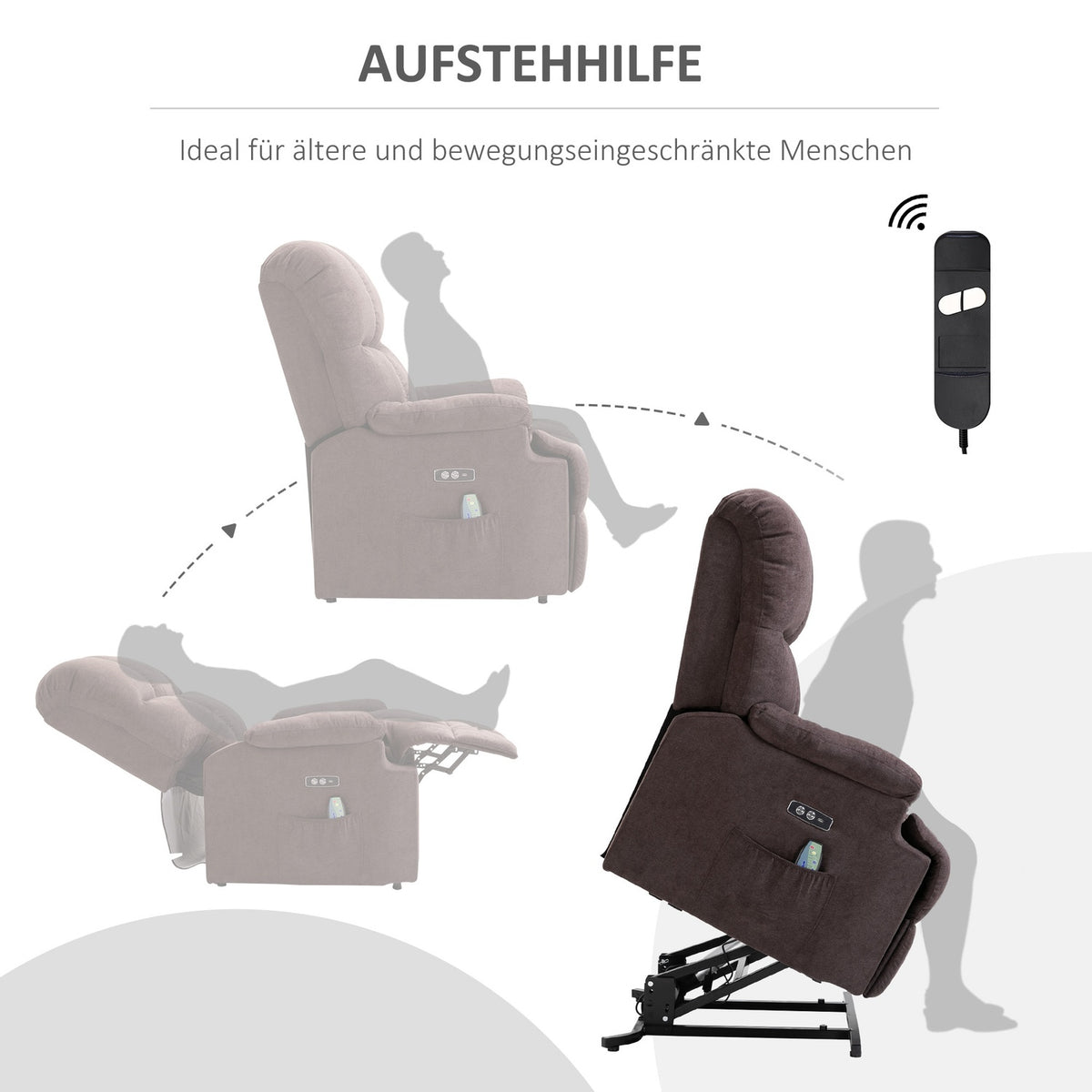 Armchair with stand-up aid, massage chair, relaxation chair with USB port, remote control, side pocket, velvet look, dark brown