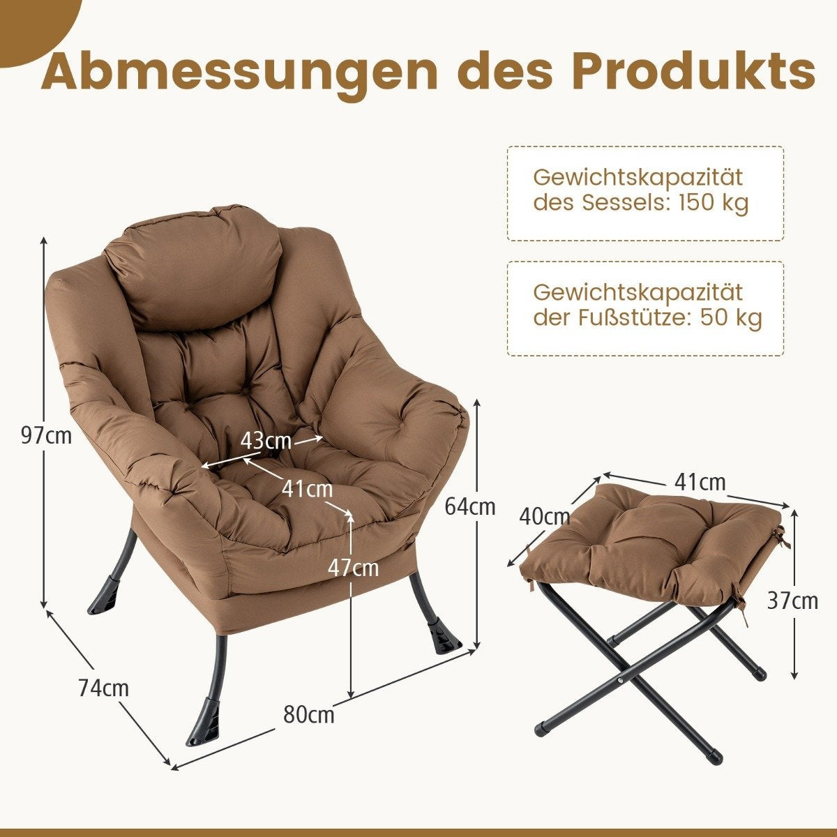 Armchair with stool & armrests & side pocket & footrest relaxation chair wing chair brown