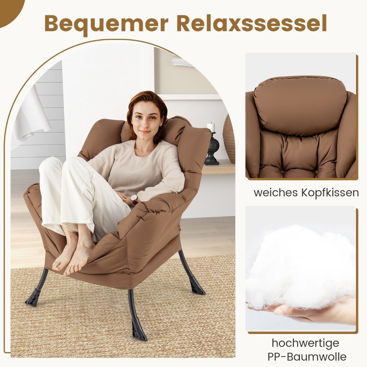 Armchair with stool & armrests & side pocket & footrest relaxation chair wing chair brown