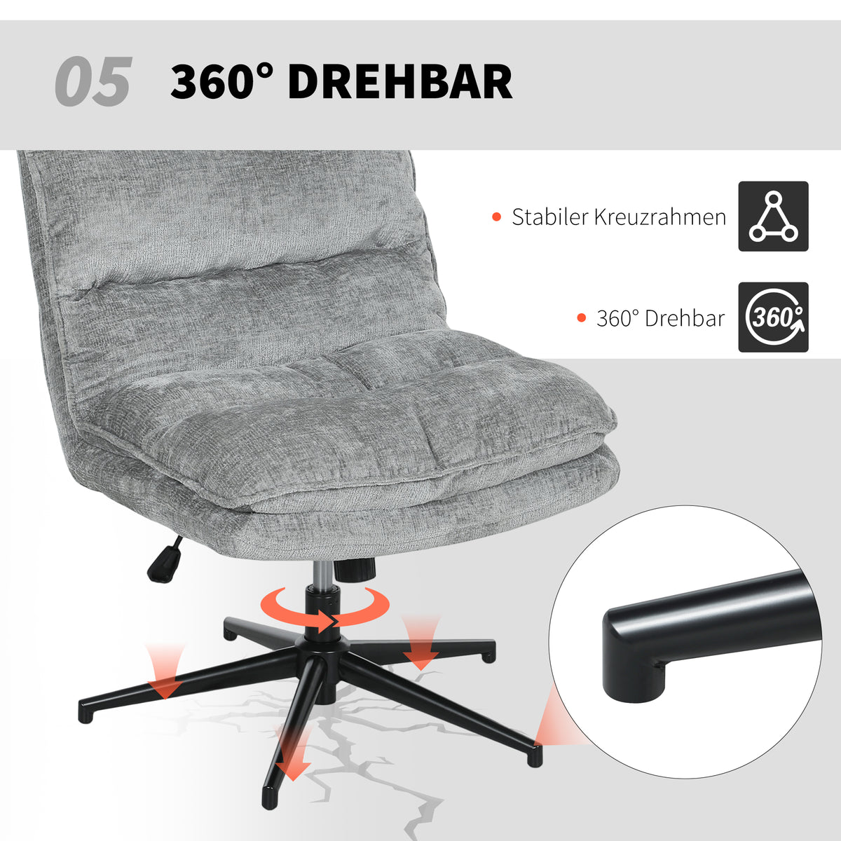 Armless Office Chair, Swivel, Adjustable Height, Grey Fabric