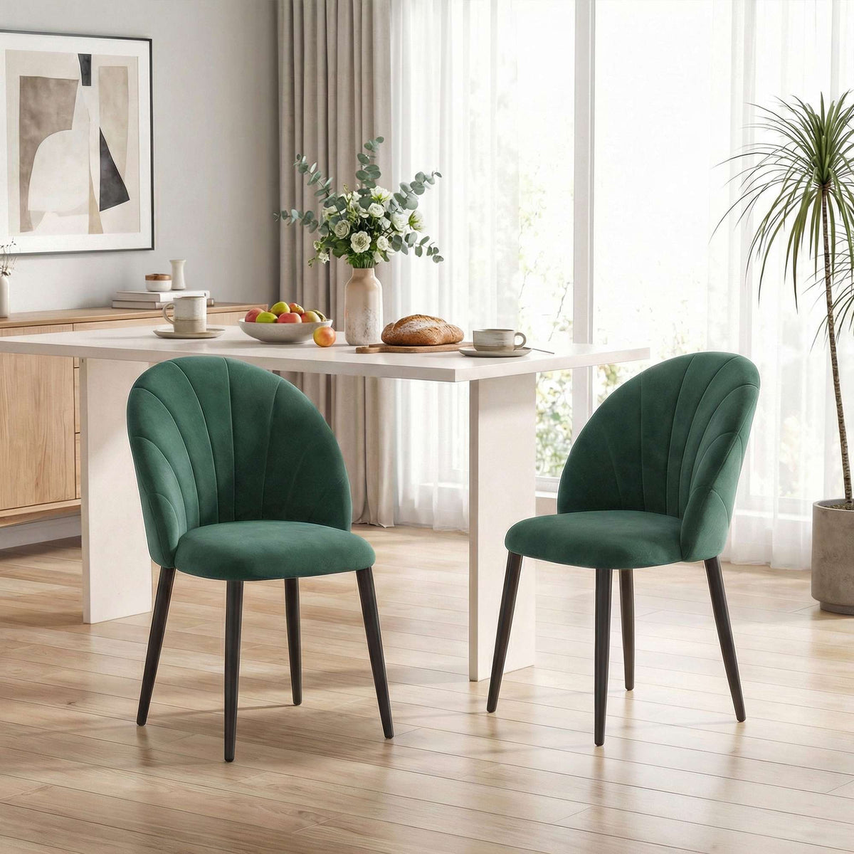 Armless Velvet Dining Chairs, Set of 2, Dark Green