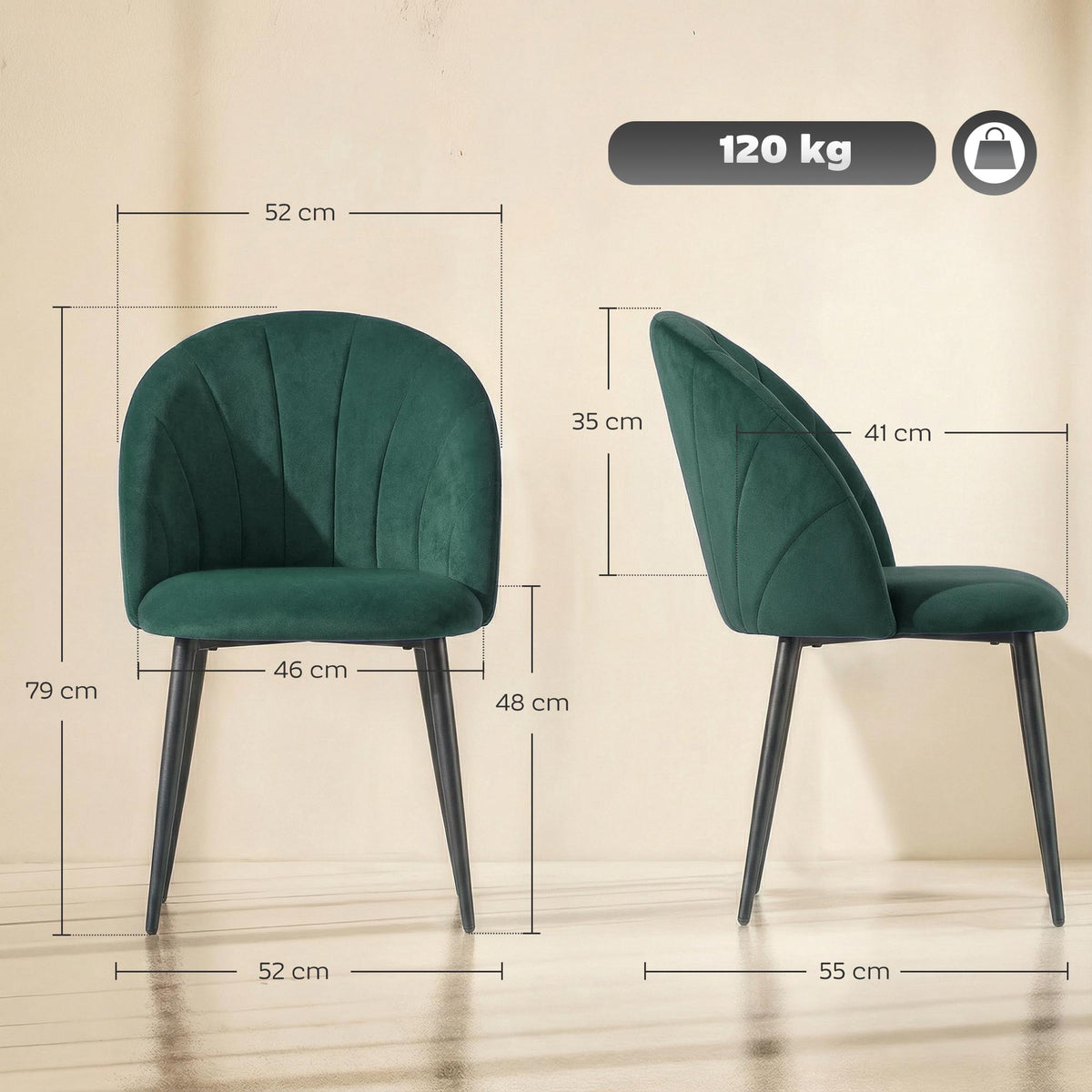 Armless Velvet Dining Chairs, Set of 2, Dark Green