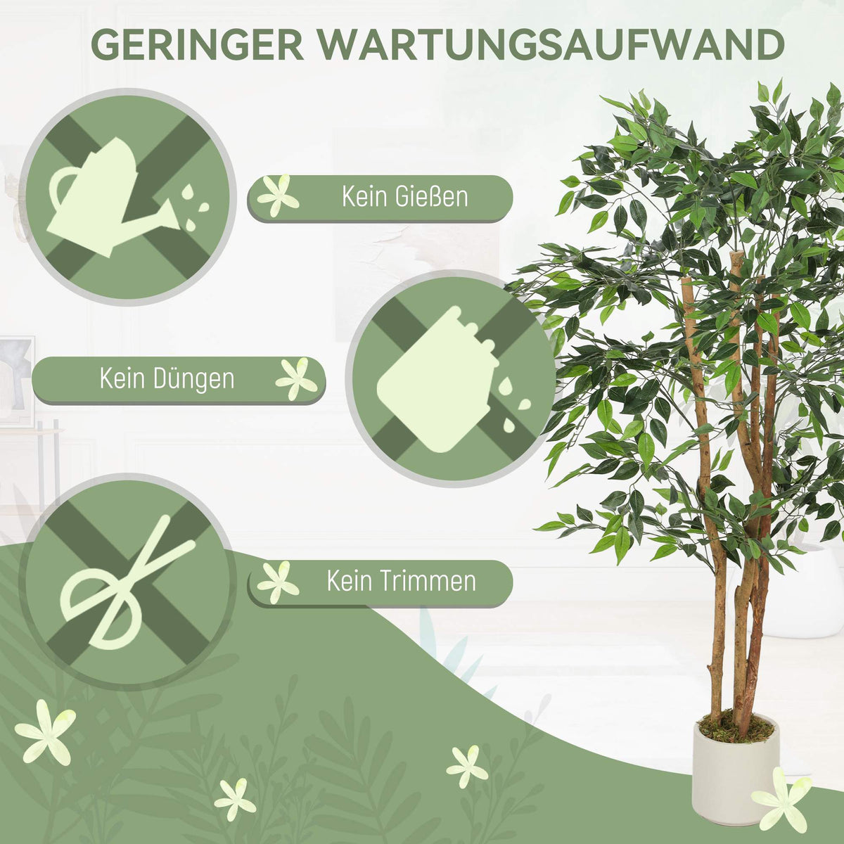 Artificial Banyan Tree 150 cm, Wood Trunk, White Pot