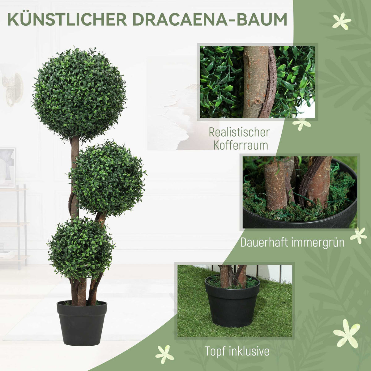 Artificial Boxwood Topiary, Triple Ball Design, 100 cm, Green