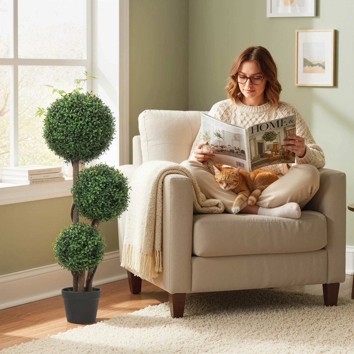 Artificial Boxwood Topiary, Triple Ball Design, 100 cm, Green