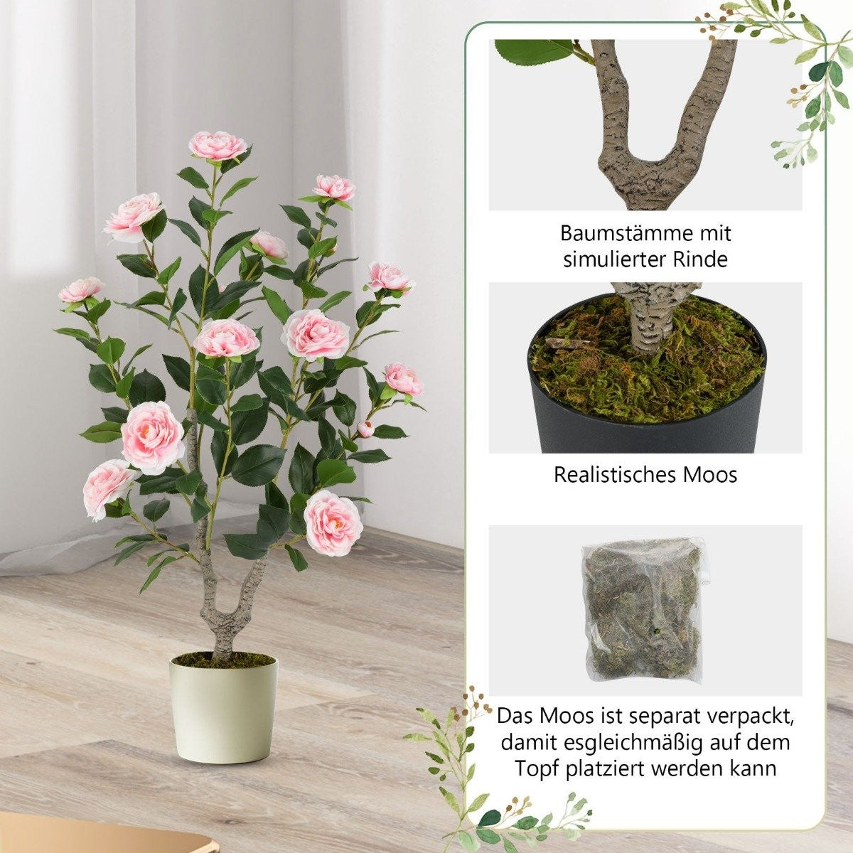Artificial Camellia Tree with Flowers, 90 cm, Pink