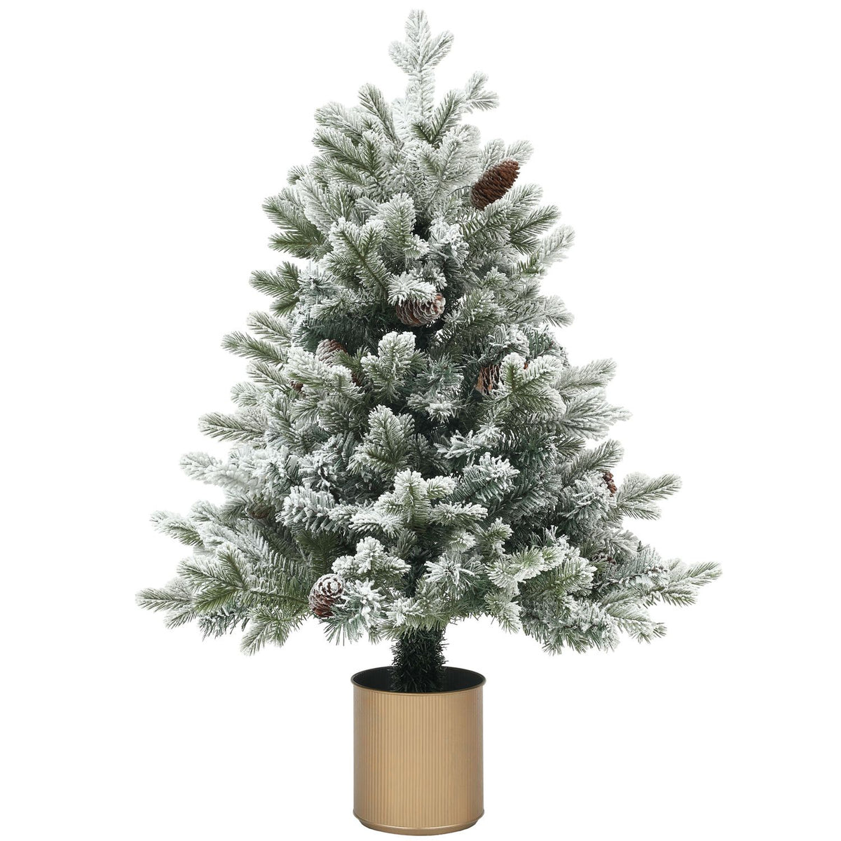 Artificial Christmas Tree, 100cm Christmas Tree with 130 Tips, Artificial Snow, Flower Pots, Flame Retardant, for Christmas Decoration, Green+Gold