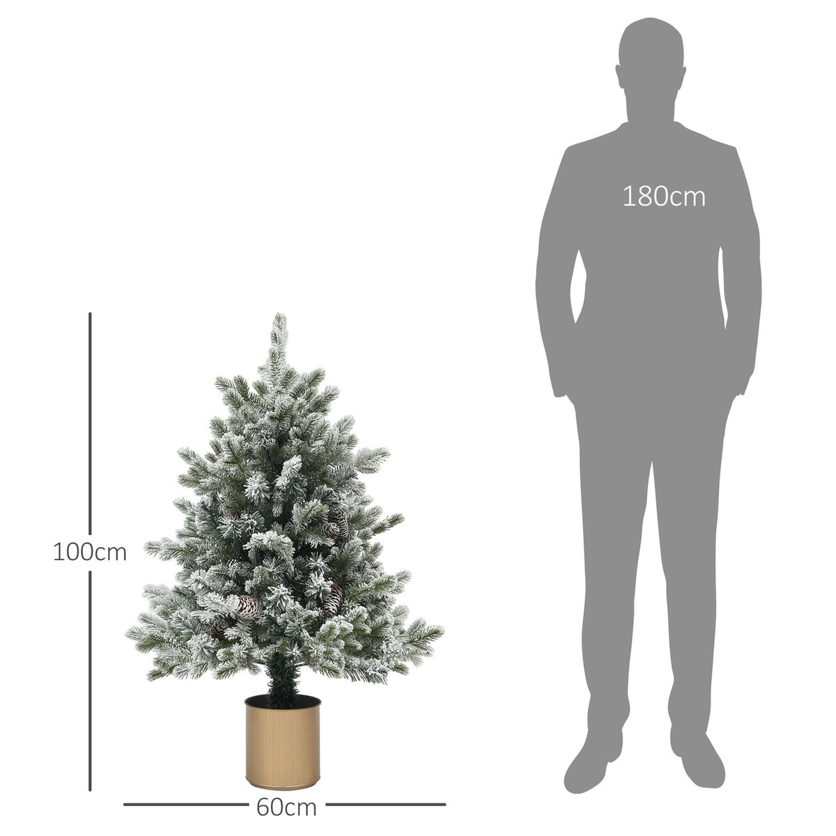 Artificial Christmas Tree, 100cm Christmas Tree with 130 Tips, Artificial Snow, Flower Pots, Flame Retardant, for Christmas Decoration, Green+Gold