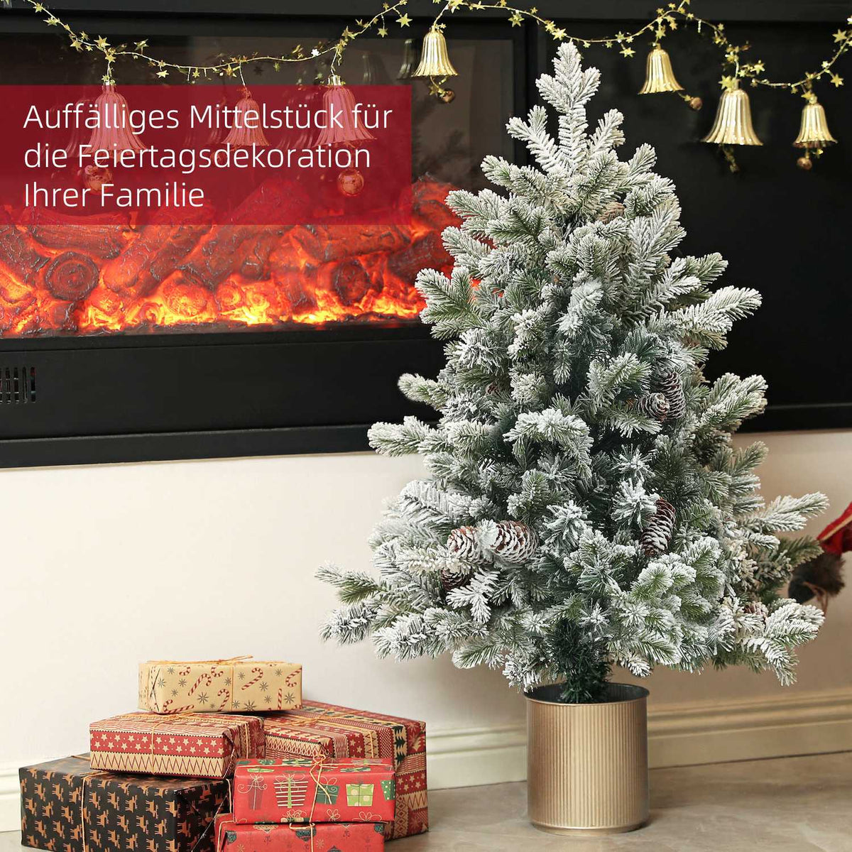 Artificial Christmas Tree, 100cm Christmas Tree with 130 Tips, Artificial Snow, Flower Pots, Flame Retardant, for Christmas Decoration, Green+Gold
