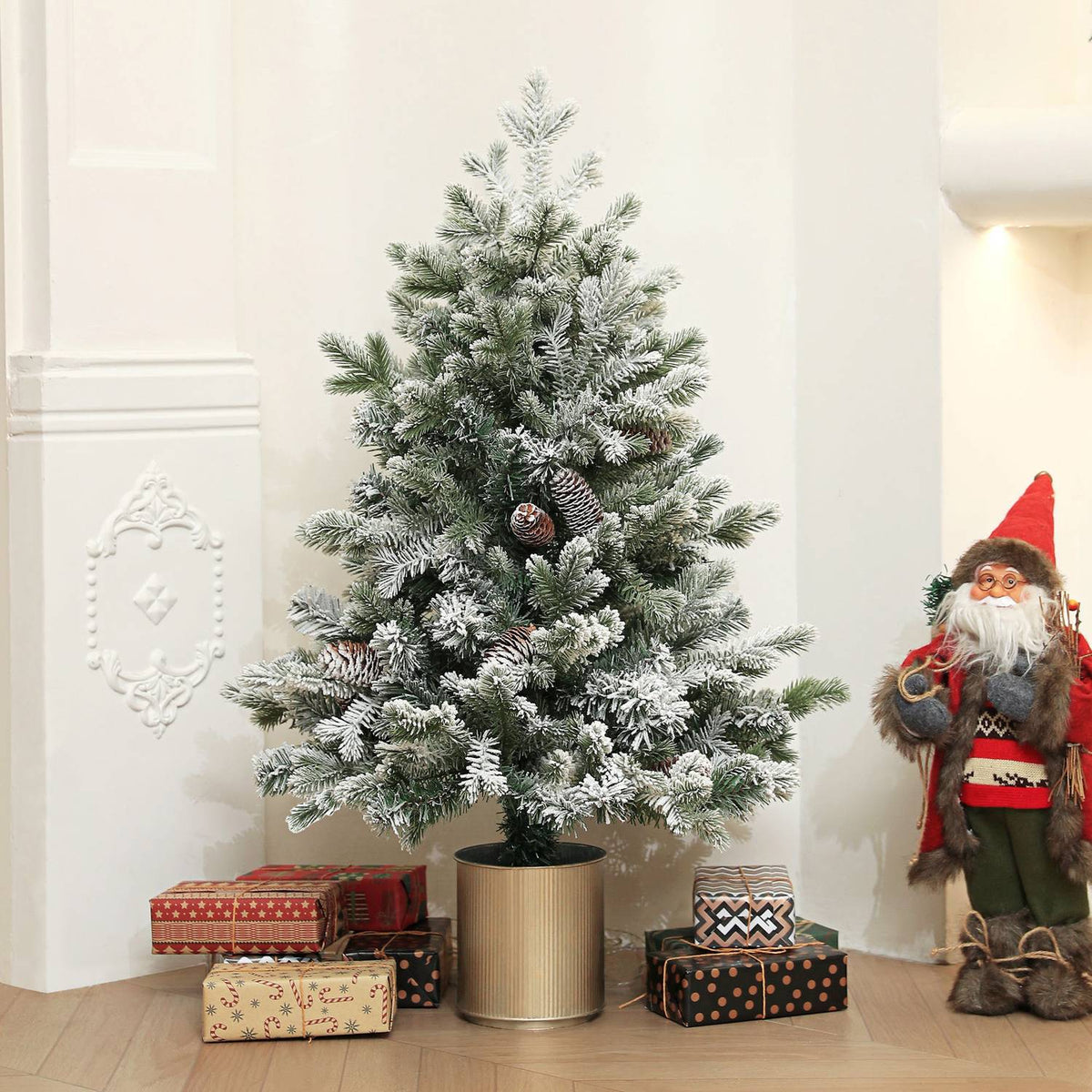 Artificial Christmas Tree, 100cm Christmas Tree with 130 Tips, Artificial Snow, Flower Pots, Flame Retardant, for Christmas Decoration, Green+Gold