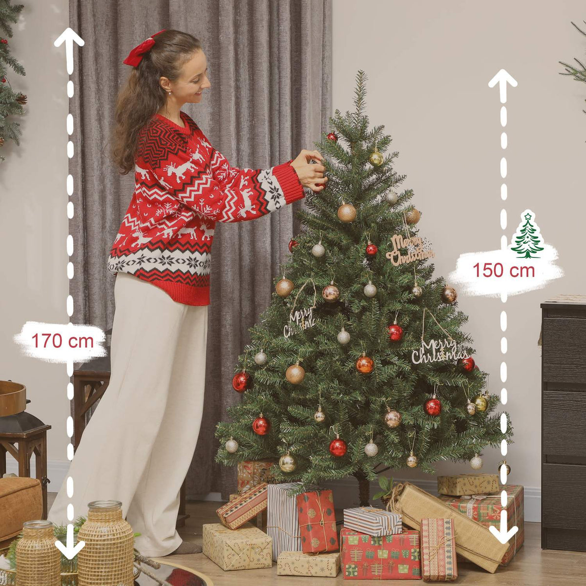 Artificial Christmas Tree, 150 cm, Hinged Branches, Metal Stand