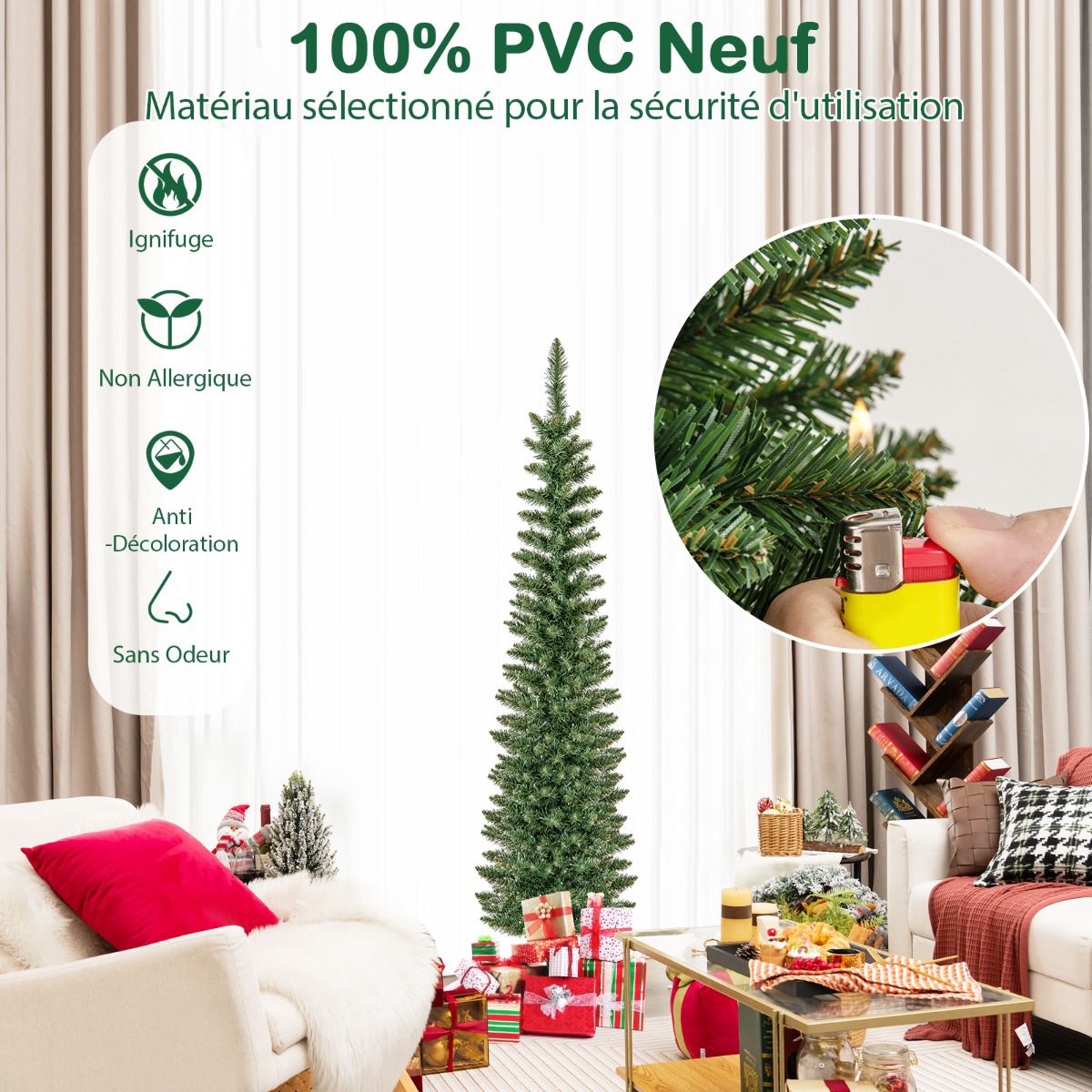 Artificial Christmas Tree 150cm, Pre-Lit 150 LEDs, Slim