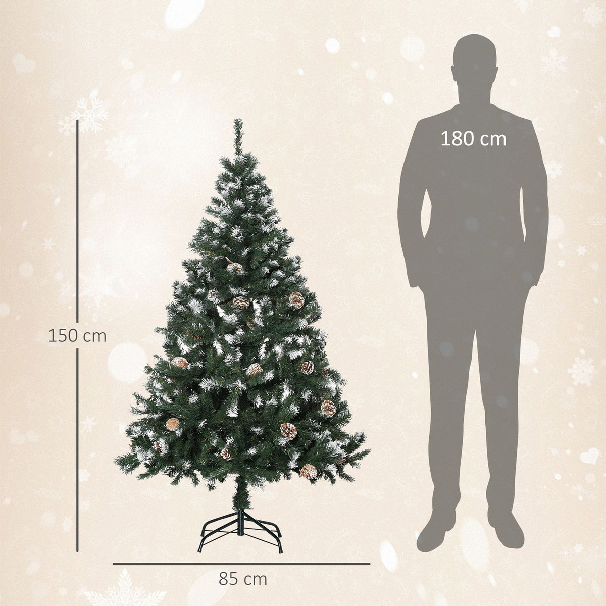 Artificial Christmas Tree, 150 cm, Snowy Branches, Pinecones