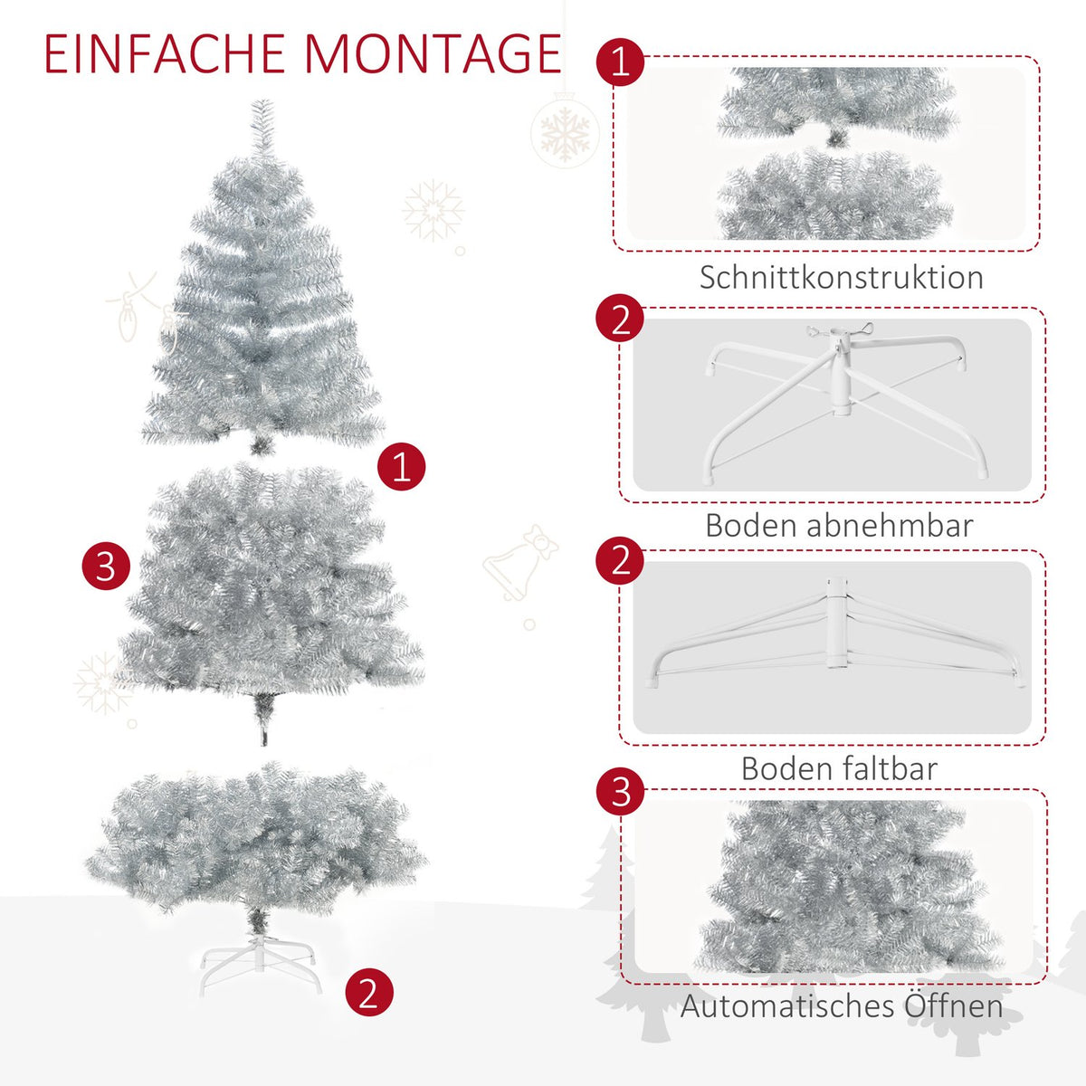 Artificial Christmas Tree 180 Cm Christmas Tree With 1000 Branch Tips Easy To Assemble Including Christmas Tree Stand Metal Silver + White Ø103 X 180 Cm