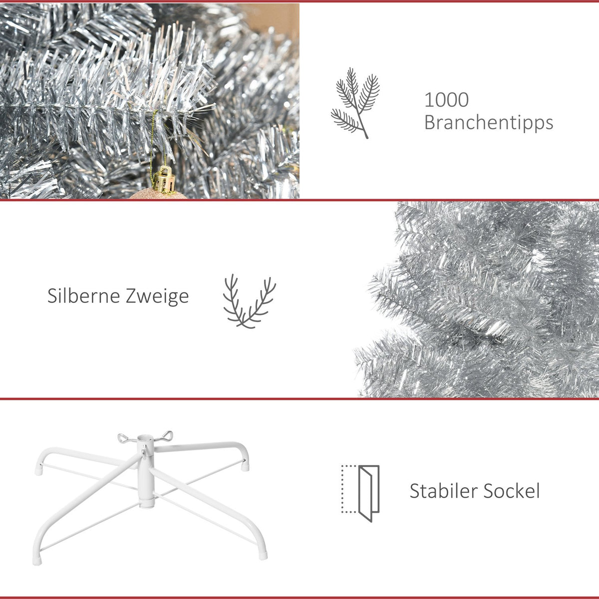 Artificial Christmas Tree 180 Cm Christmas Tree With 1000 Branch Tips Easy To Assemble Including Christmas Tree Stand Metal Silver + White Ø103 X 180 Cm