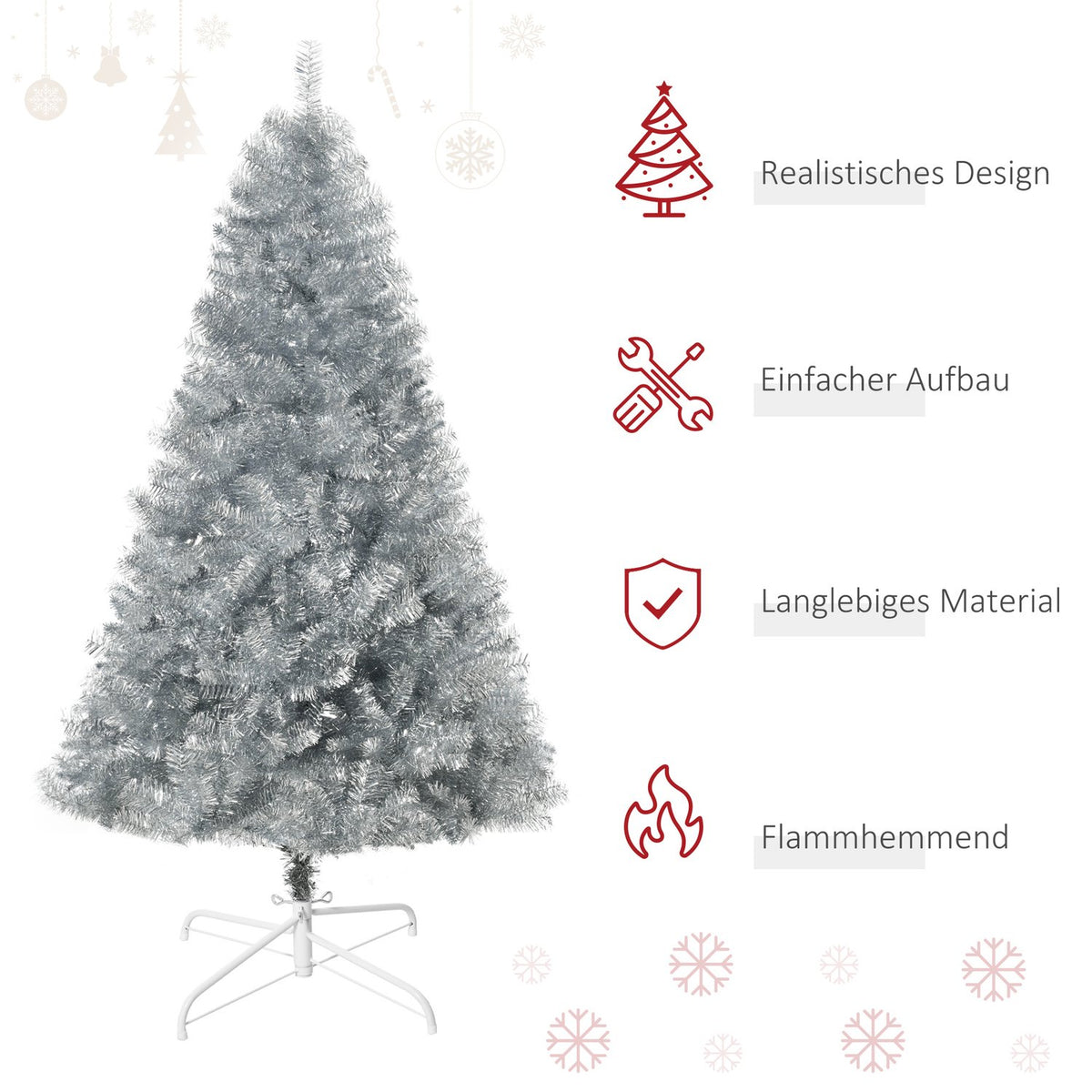 Artificial Christmas Tree 180 Cm Christmas Tree With 1000 Branch Tips Easy To Assemble Including Christmas Tree Stand Metal Silver + White Ø103 X 180 Cm