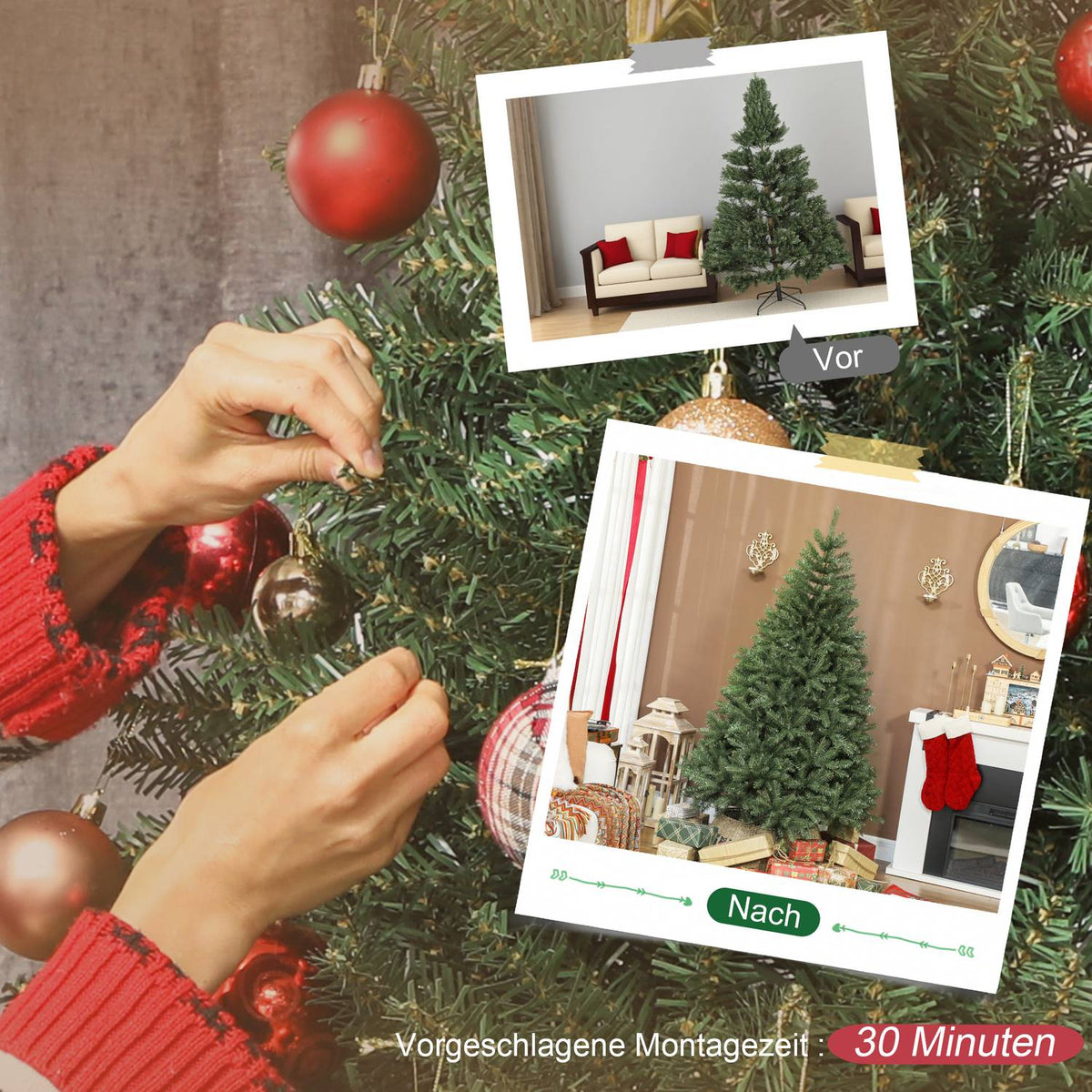 Artificial Christmas Tree, 180 cm, Hinged Branches, Metal Stand