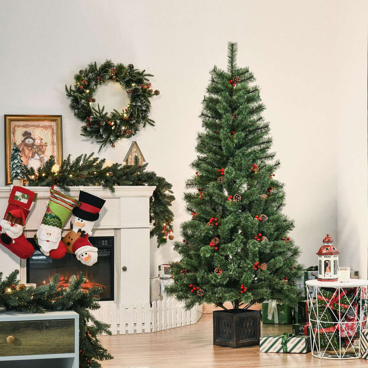 Artificial Christmas Tree 1.8 M Christmas Tree With Pot And Decoration Pvc Metal Green 90 X 90 X 180 Cm