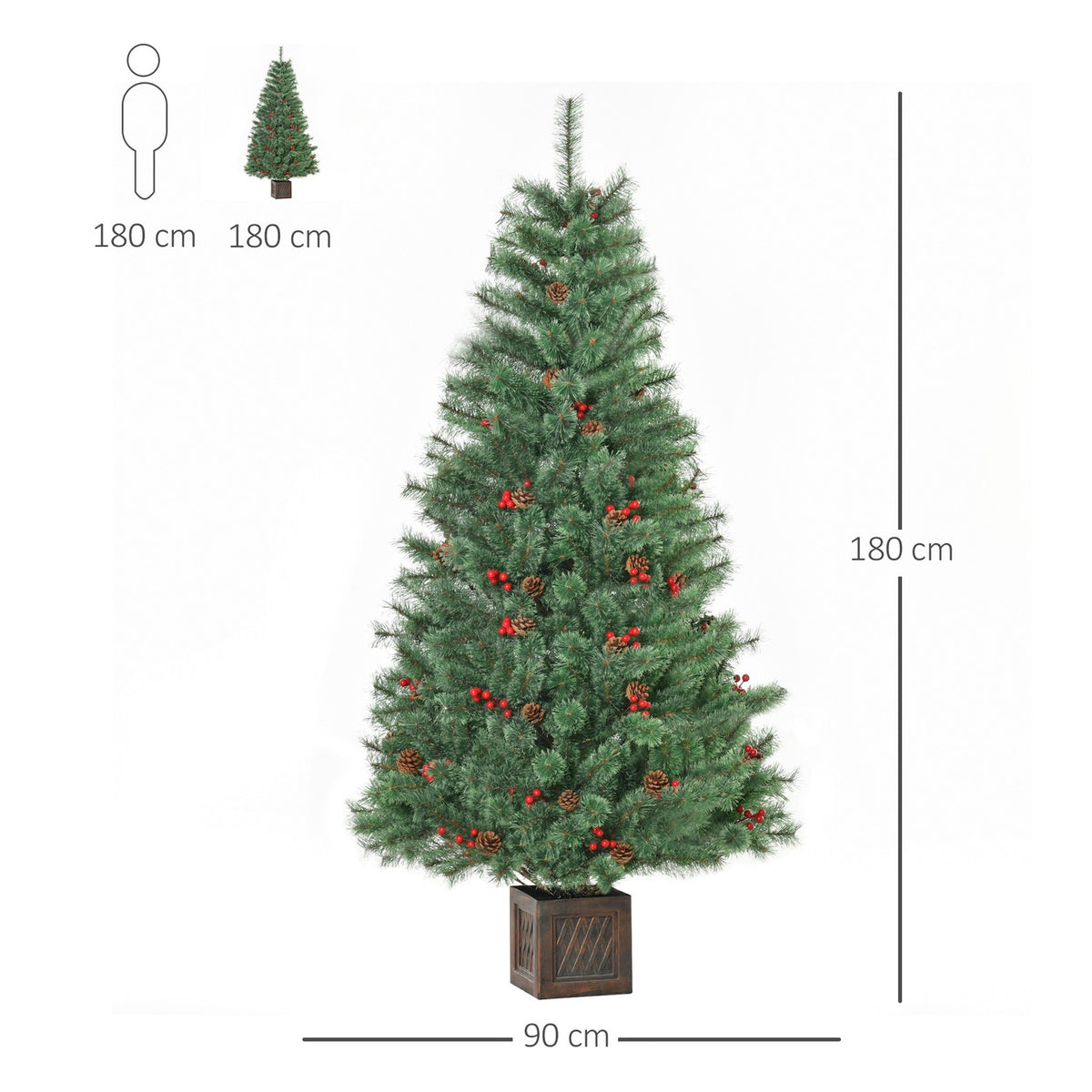Artificial Christmas Tree 1.8 M Christmas Tree With Pot And Decoration Pvc Metal Green 90 X 90 X 180 Cm