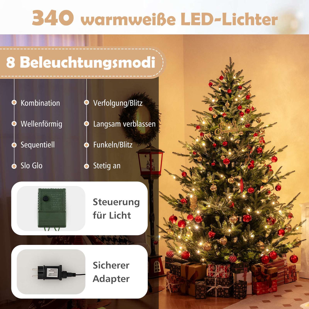 Artificial Christmas Tree 210 cm, 340 Warm White LEDs, 8 Modes