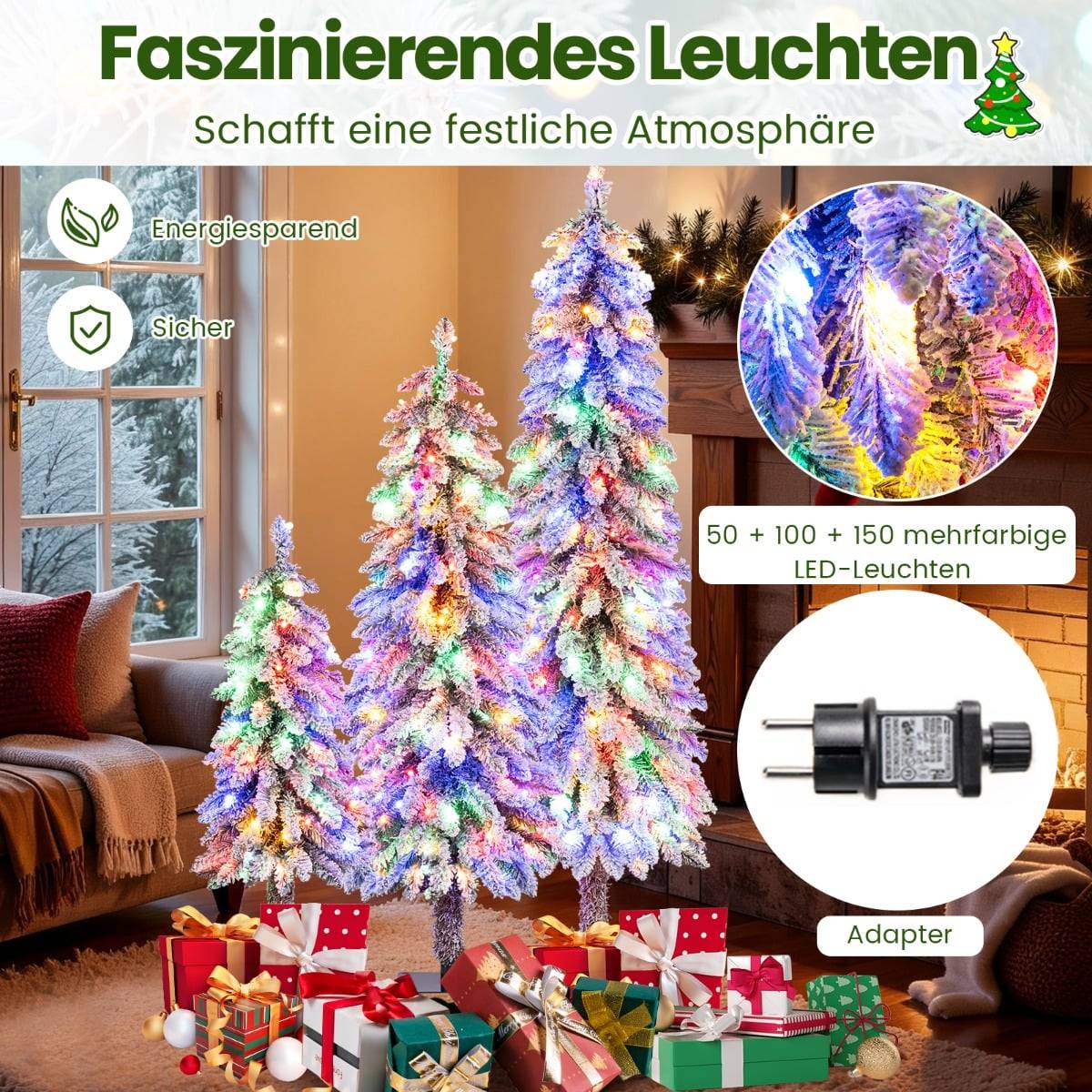 Artificial Christmas Tree Set with Lights & Snow, 3 Sizes