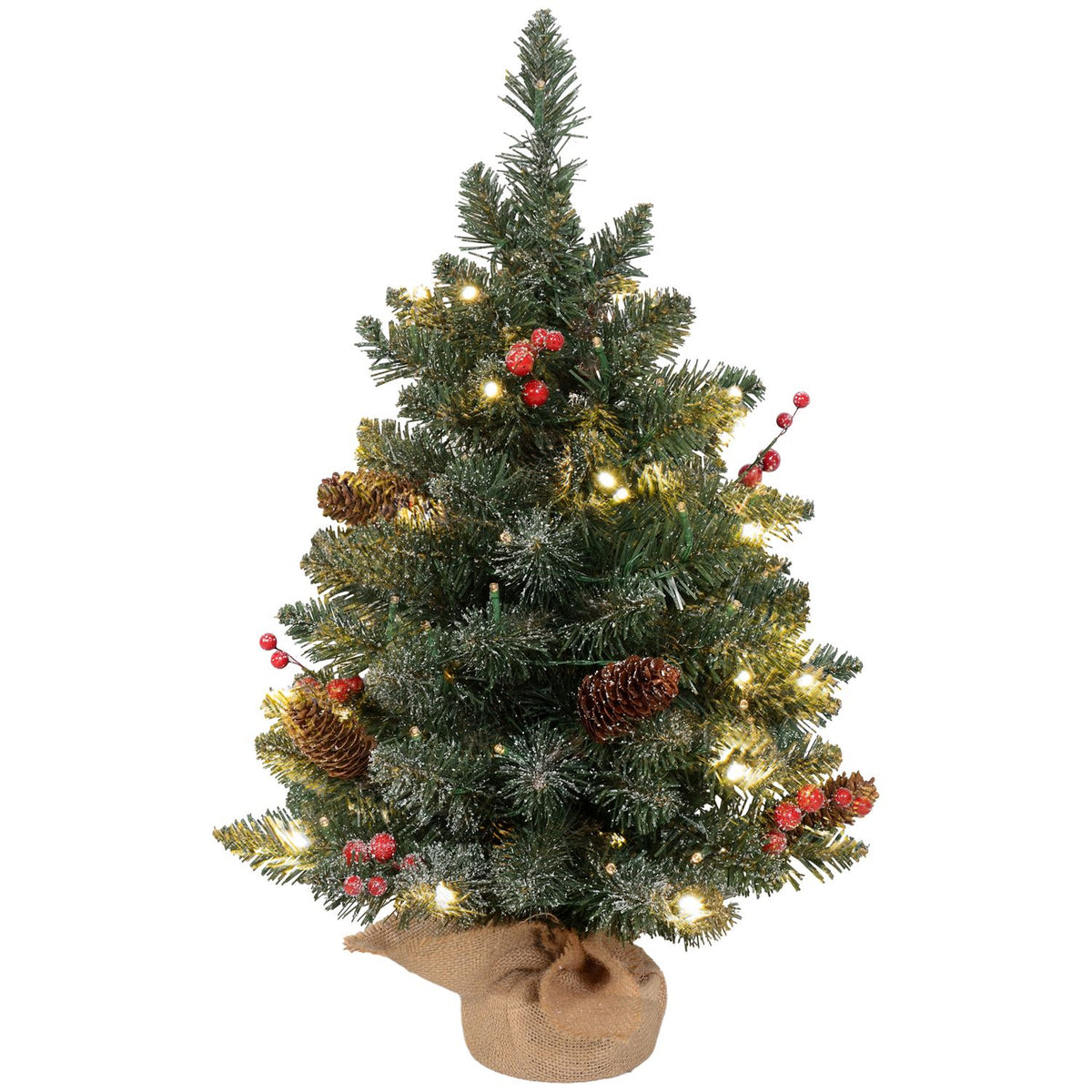 Artificial Christmas tree, 0.6 m Christmas tree with pine cones, 86 branch tips with 50 warm white LEDs, for Christmas parties, indoor, green + white