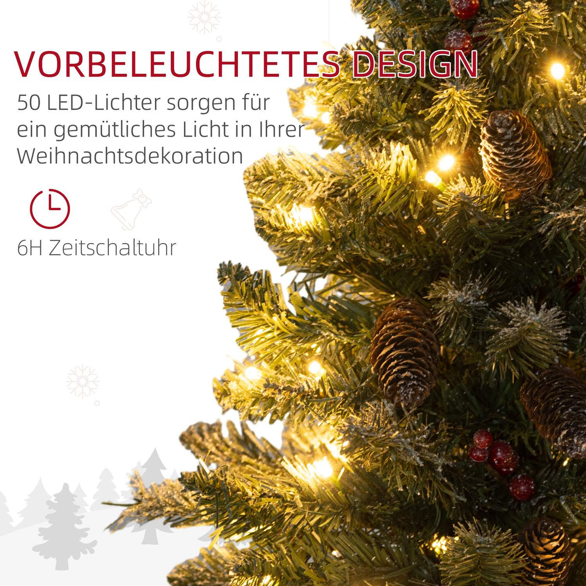 Artificial Christmas tree, 0.6 m Christmas tree with pine cones, 86 branch tips with 50 warm white LEDs, for Christmas parties, indoor, green + white