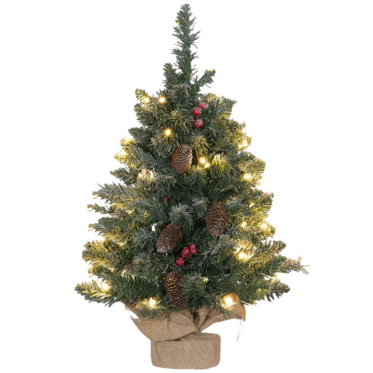 Artificial Christmas tree, 0.6 m Christmas tree with pine cones, 86 branch tips with 50 warm white LEDs, for Christmas parties, indoor, green + white